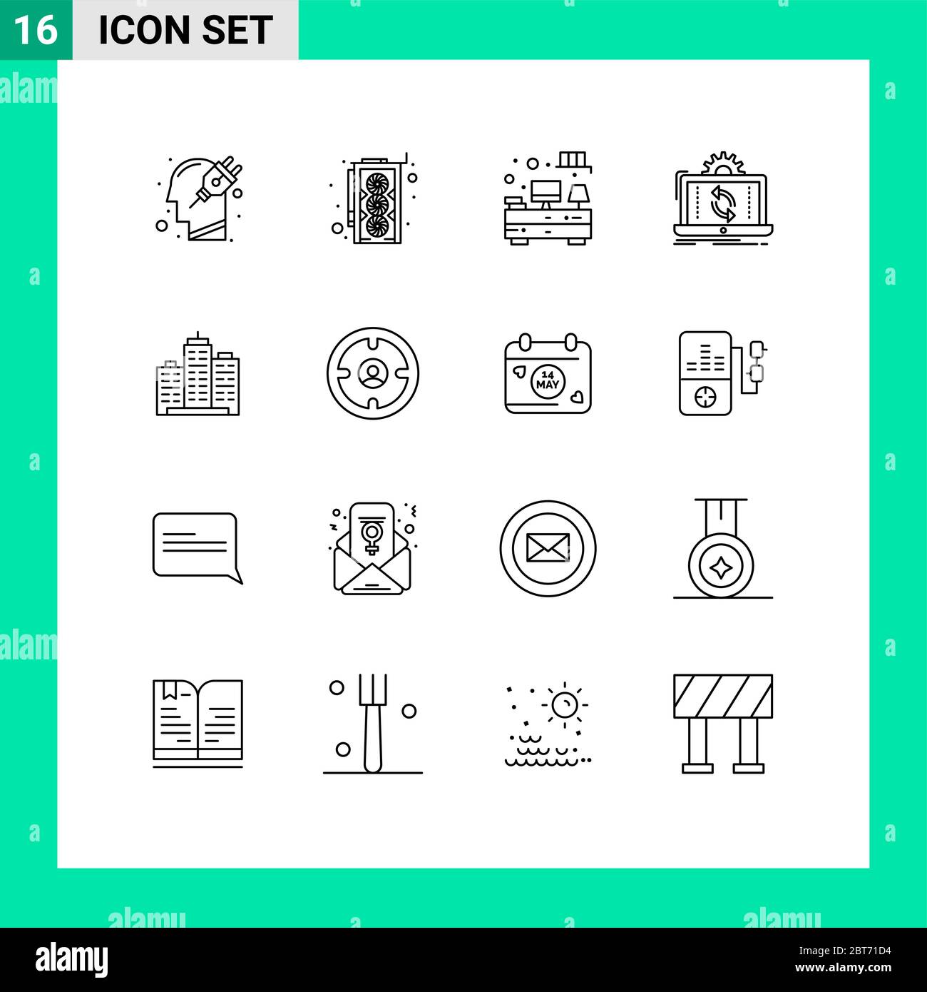 Outline Pack of 16 Universal Symbols of building, reporting, computer ...