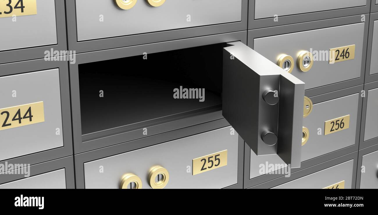 Safe deposit box closeup. Open empty metal bank locker, strong solid door with bars opened. 3d illustration Stock Photo