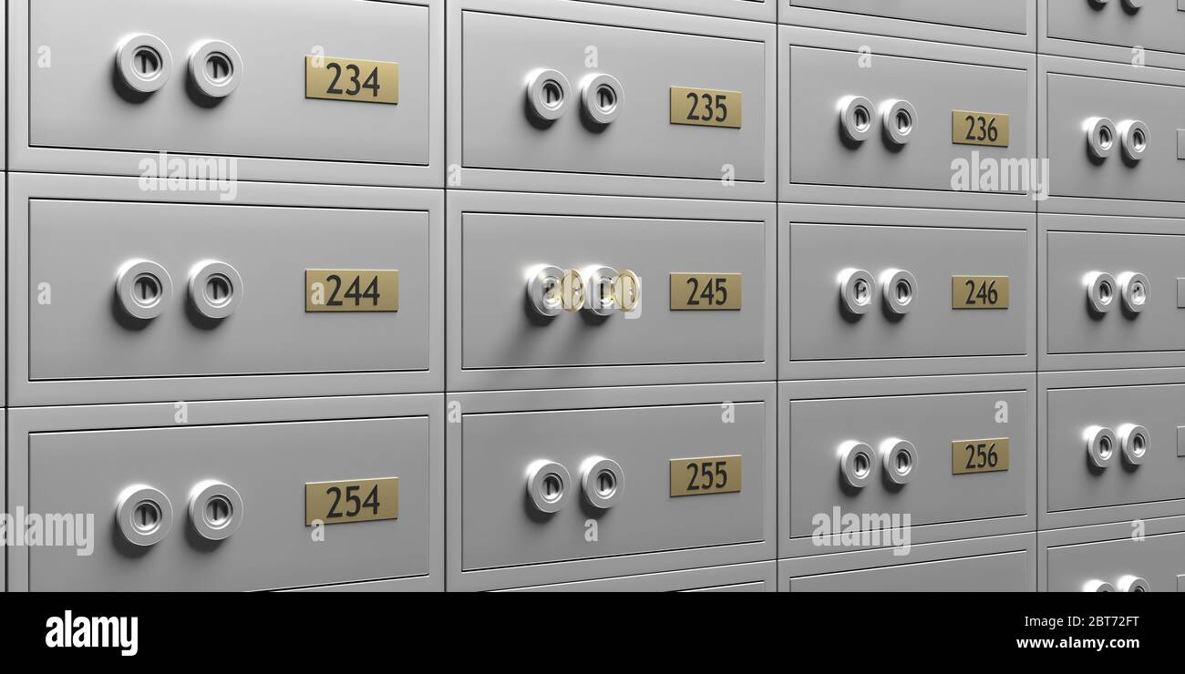 Bank safe deposit boxes background. Closed metal lockers in a vault
