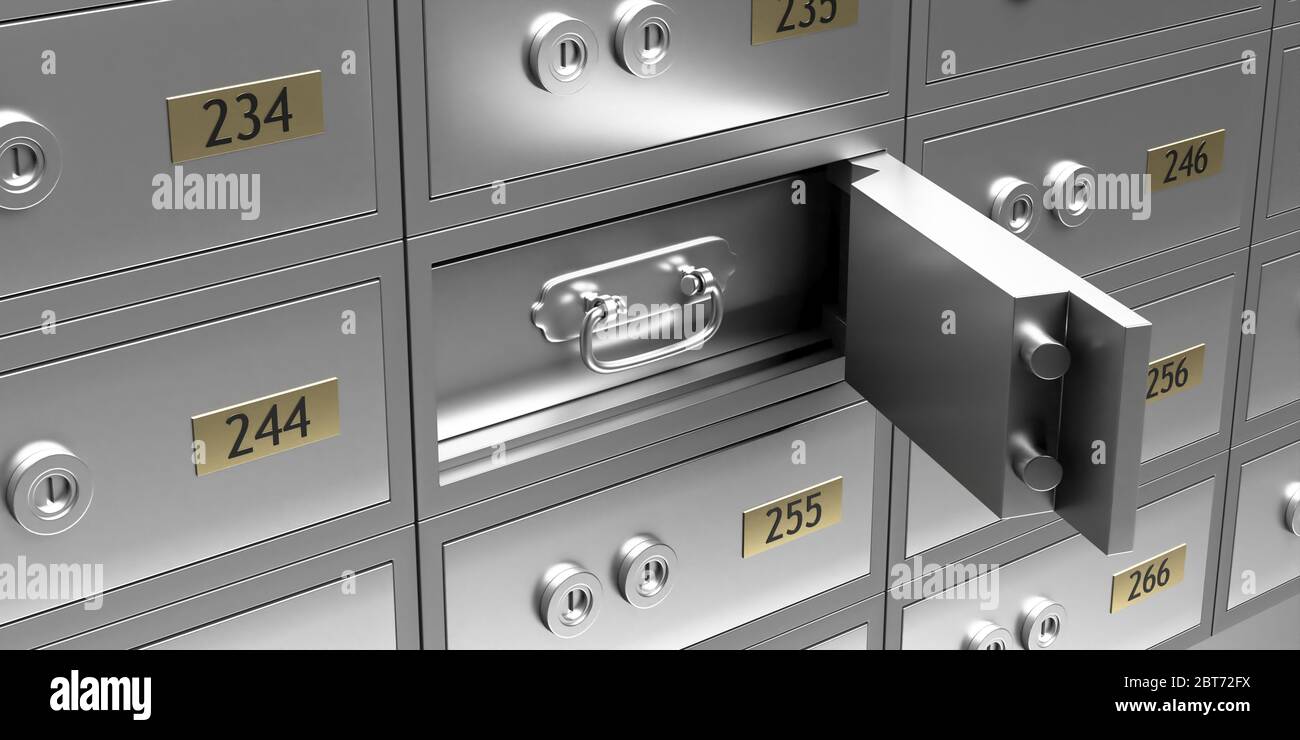 Safe deposit box closeup. Open unlock metal solid locker and drawer,  valuables and jewels bank safe concept. 3d illustration Stock Photo - Alamy