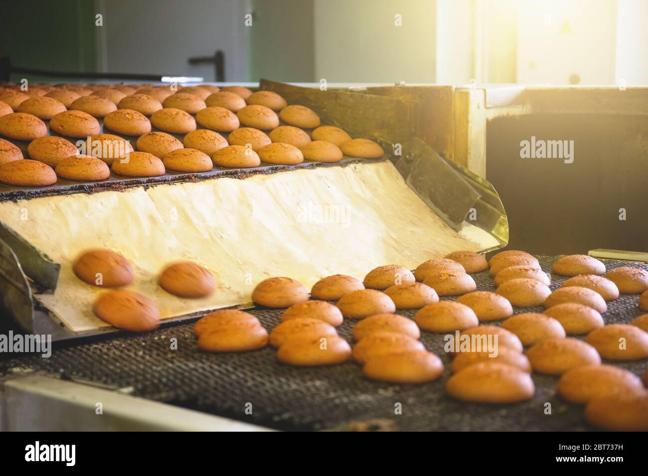 Industrial food production process. Factory or bakery conveyor belt with cakes. Automation