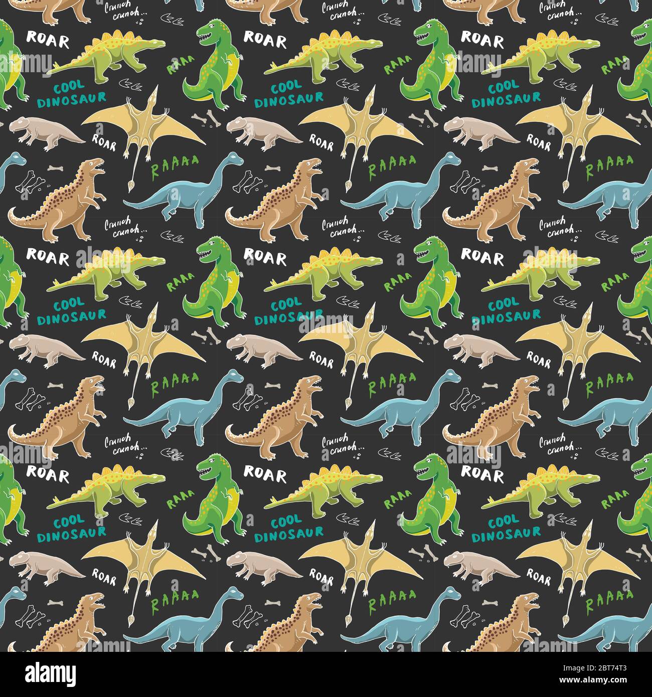 Dino Seamless Pattern, Cute Cartoon Hand Drawn Dinosaurs Doodles Vector ...