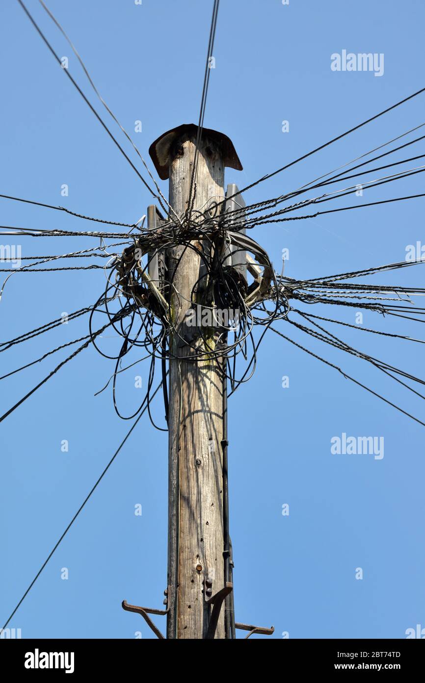 Telegraph Pole and radiating network of telephone lines, Clapham, Wandsworth, London, United Kingdom Stock Photo
