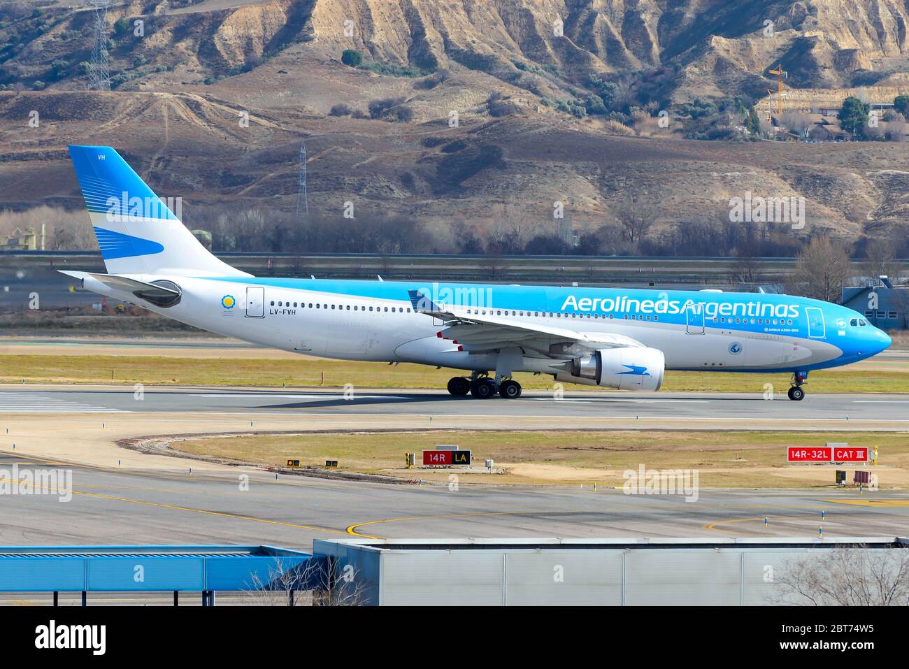 Aerolineas Argentinas Airbus A330 preparing for take off at Madrid Barajas International Airport. Aircraft A332 LV-FVH before departure to Argentina. Stock Photo