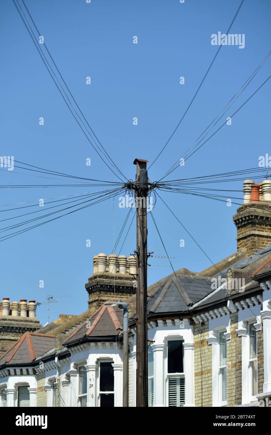 Telegraph Pole and radiating network of telephone lines, Clapham, Wandsworth, London, United Kingdom Stock Photo
