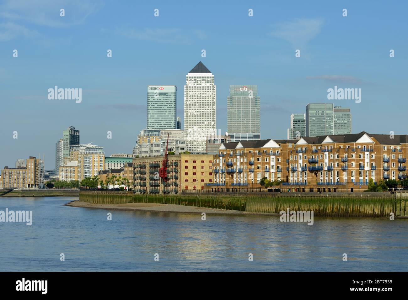 East along the Thames river towards Rotherhithe and Canary Wharf, Limehouse, East London, United Kingdom Stock Photo