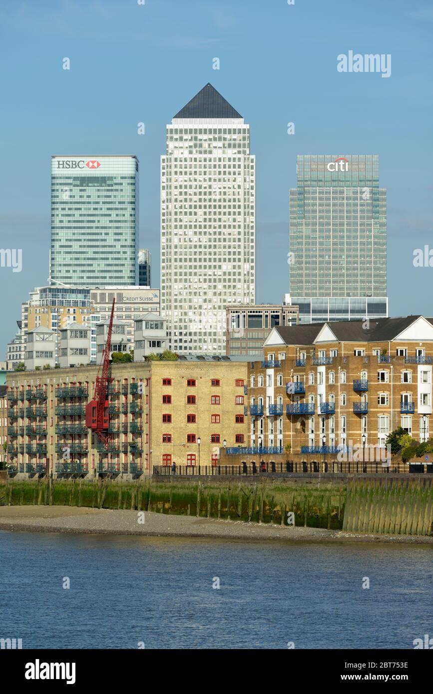 East along the Thames river towards Rotherhithe and Canary Wharf, Limehouse, East London, United Kingdom Stock Photo