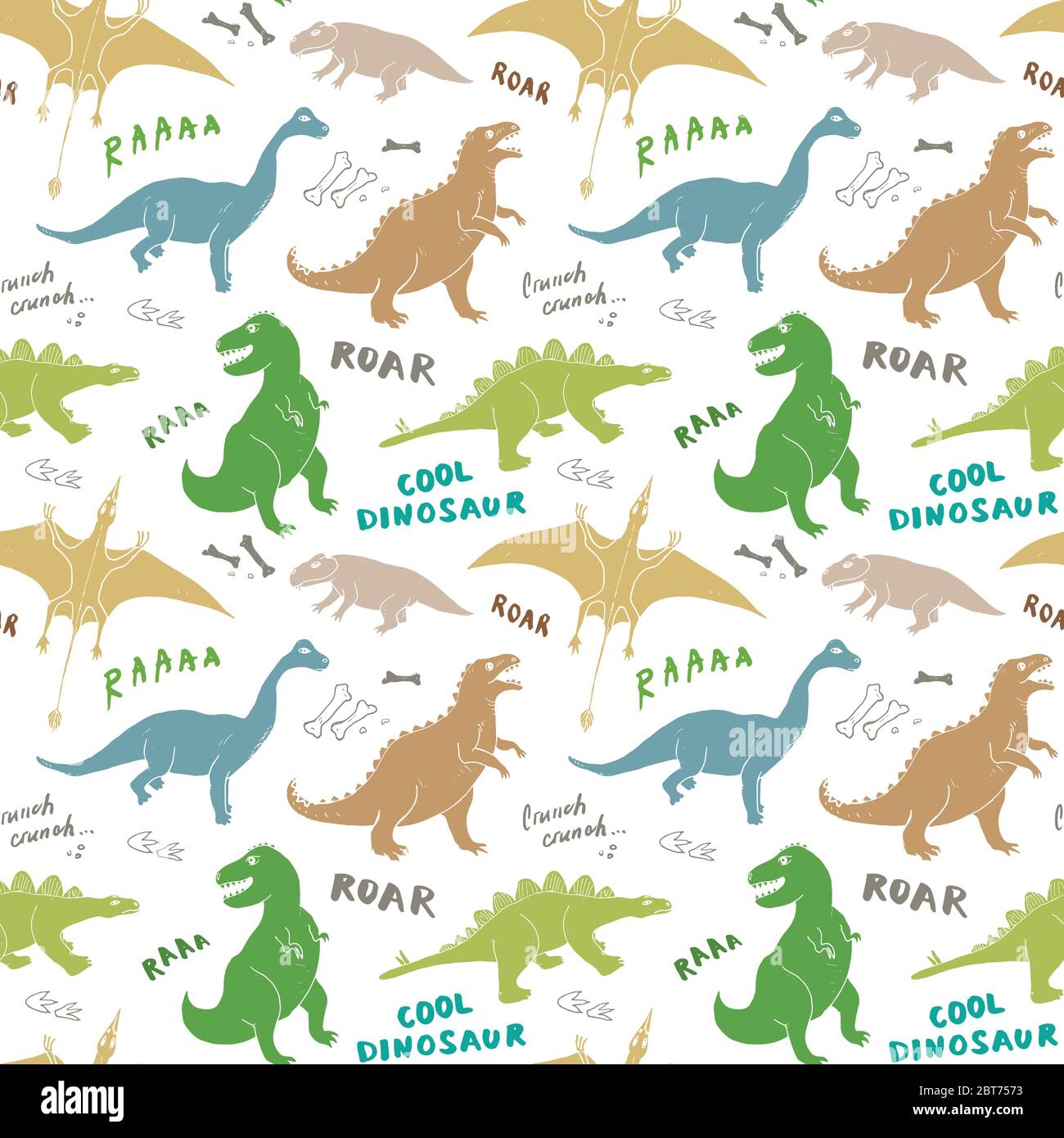 Dino Seamless Pattern, Cute Cartoon Hand Drawn Dinosaurs Doodles Vector ...