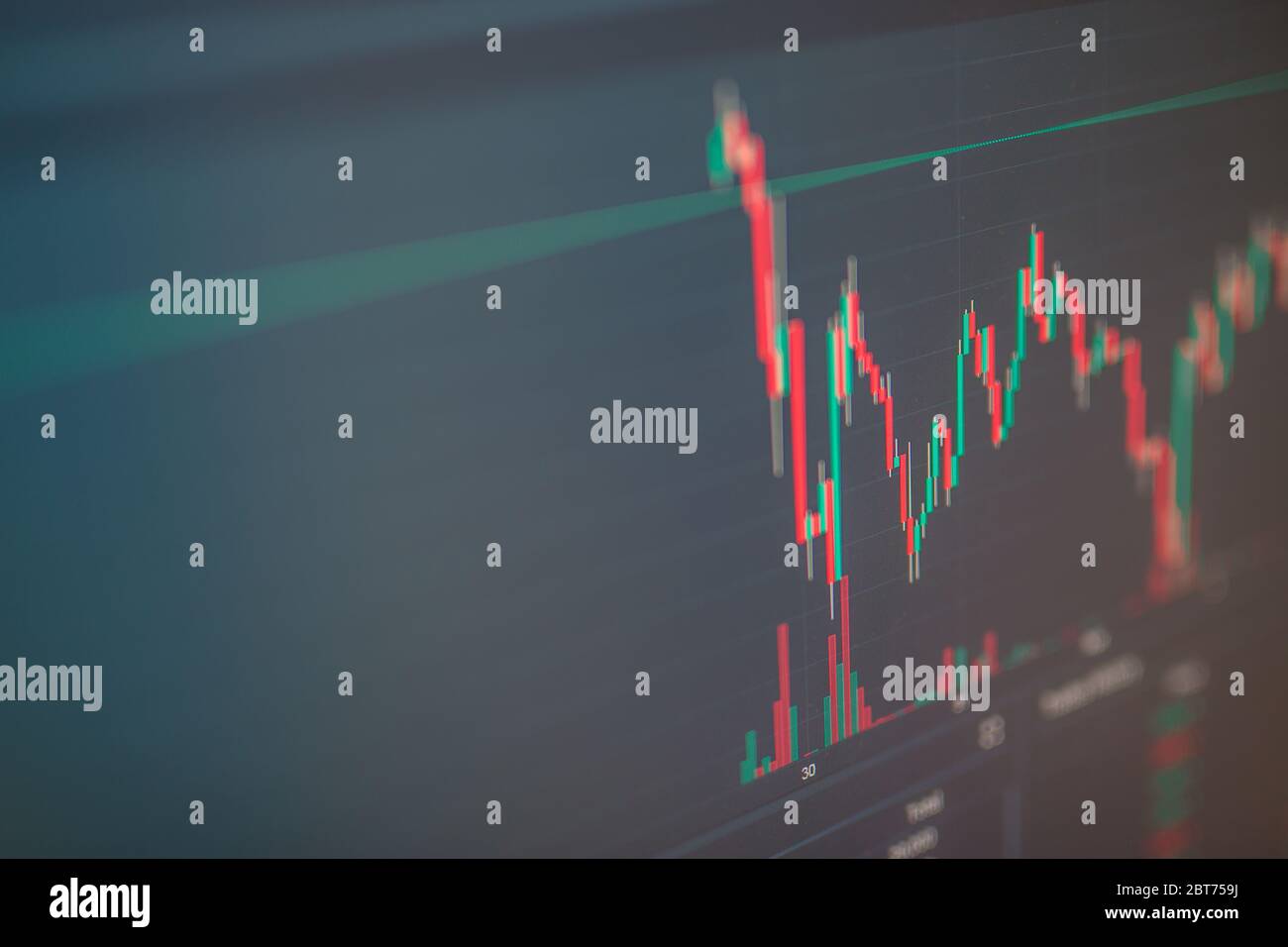 Forex chart with oscillators and indicators and Japanese candlesticks on a black background with the effect of blurring and bokeh, analysis Stock Photo