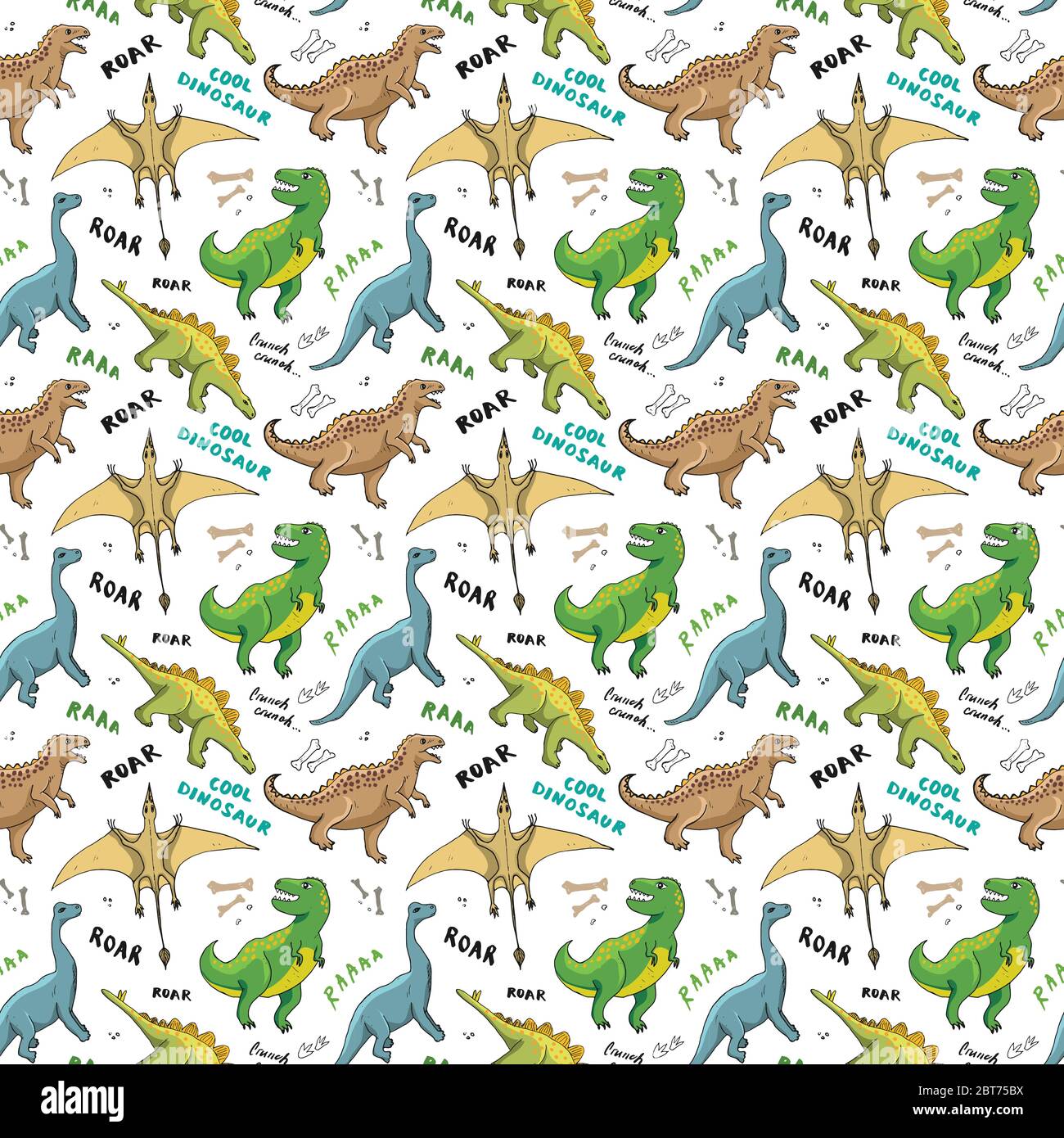 Dino Seamless Pattern, Cute Cartoon Hand Drawn Dinosaurs Doodles Vector ...