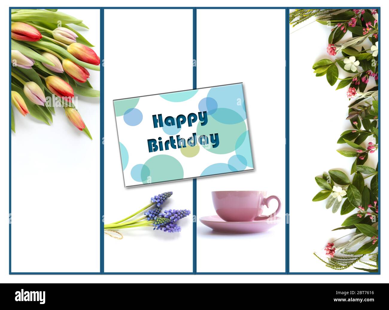 Collage of beautiful photos of summer spring flowers and cup of tea on white background with Happy Birthday sign on card. Flat lay. Mothers day, Greetings, Valentines, invitation, celebration, anniversary card. Spring summer floral border with copy space Stock Photo