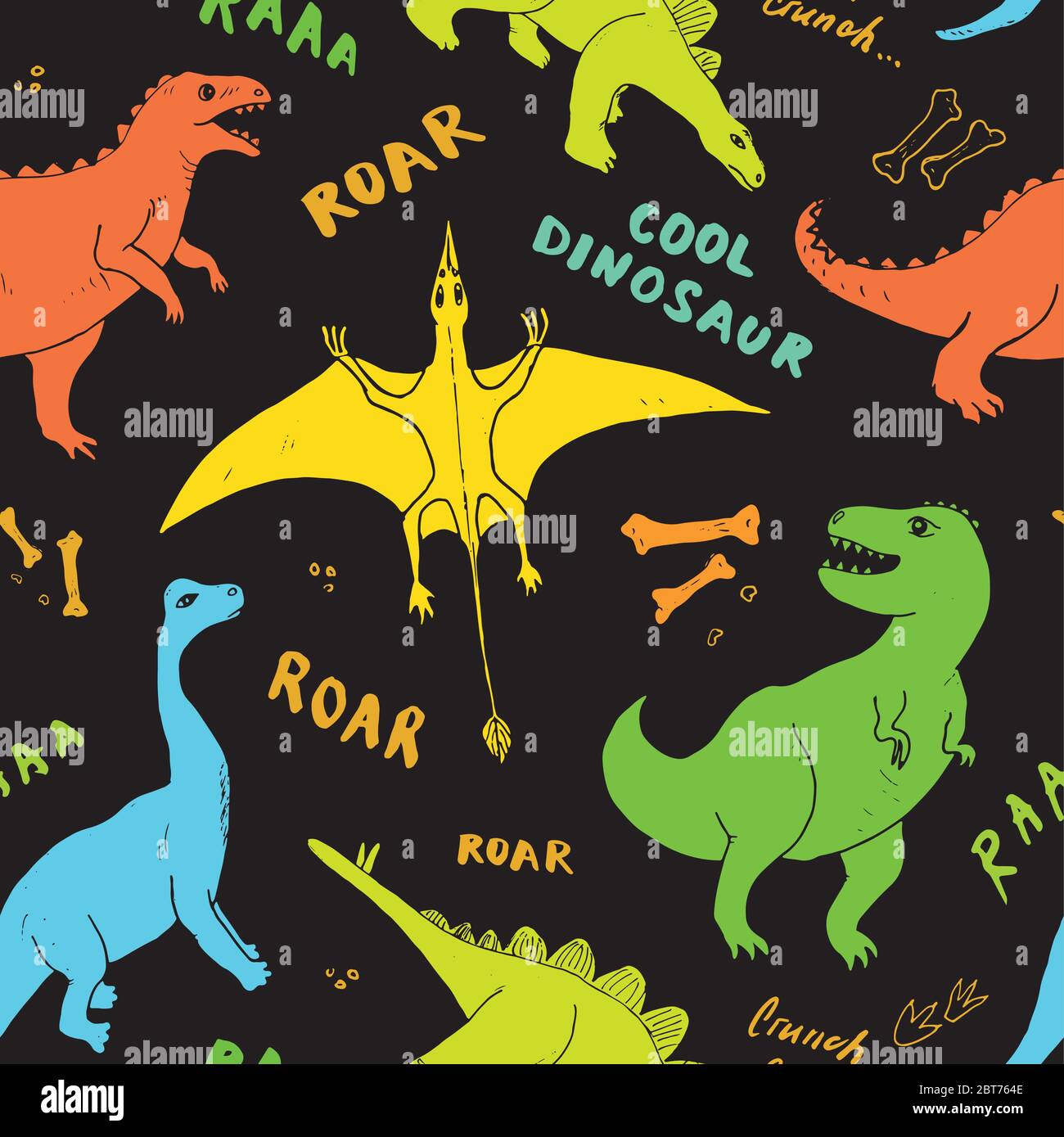 Dino Seamless Pattern, Cute Cartoon Hand Drawn Dinosaurs Doodles Vector ...