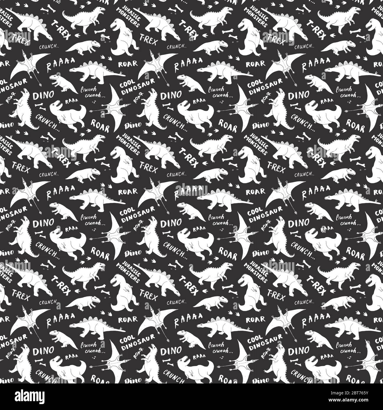 Dino Seamless Pattern, Cute Cartoon Hand Drawn Dinosaurs Doodles Vector ...
