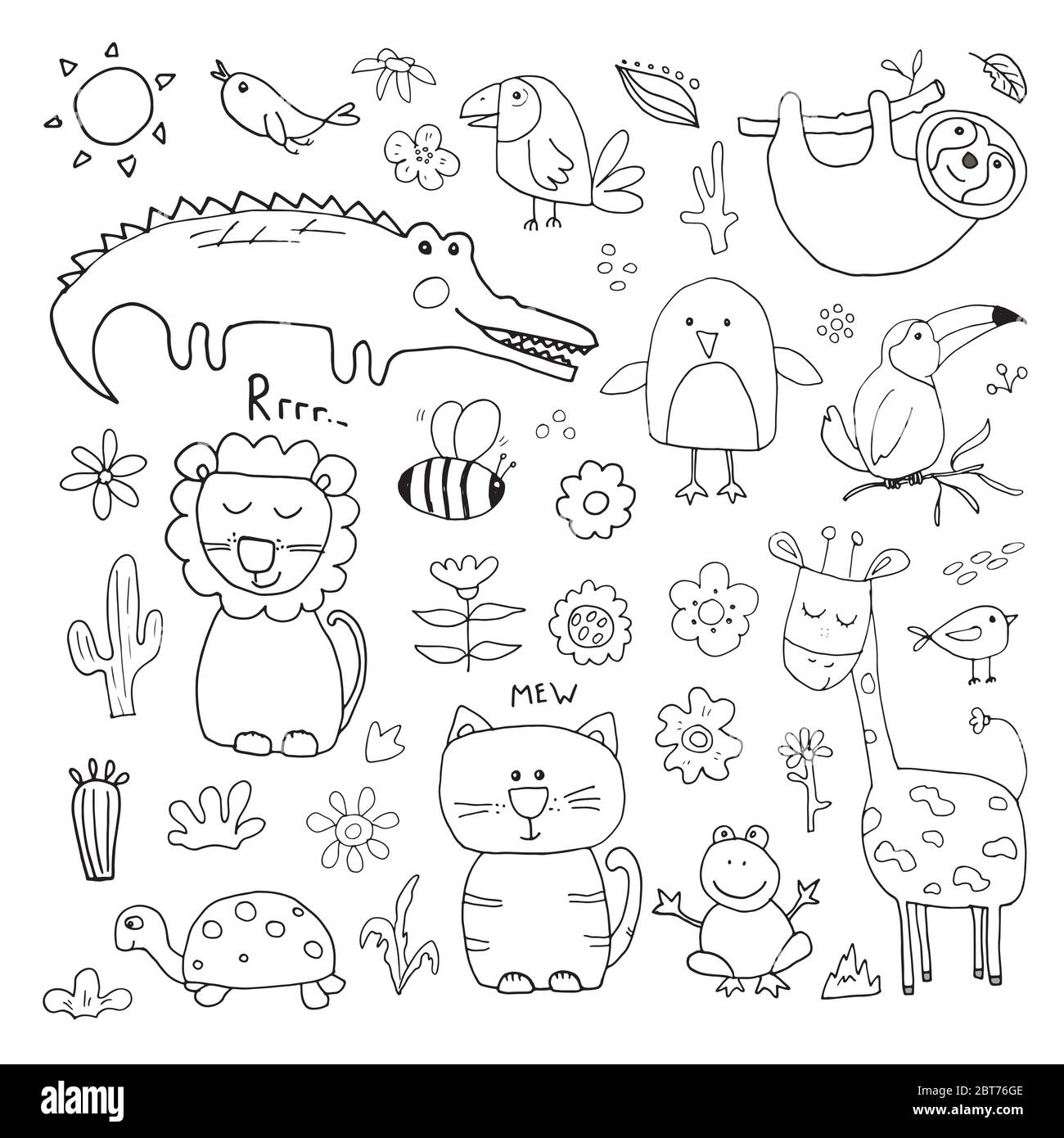 Animal Doodles Set. Cute Animals sketch. Hand drawn Cartoon Vector ...