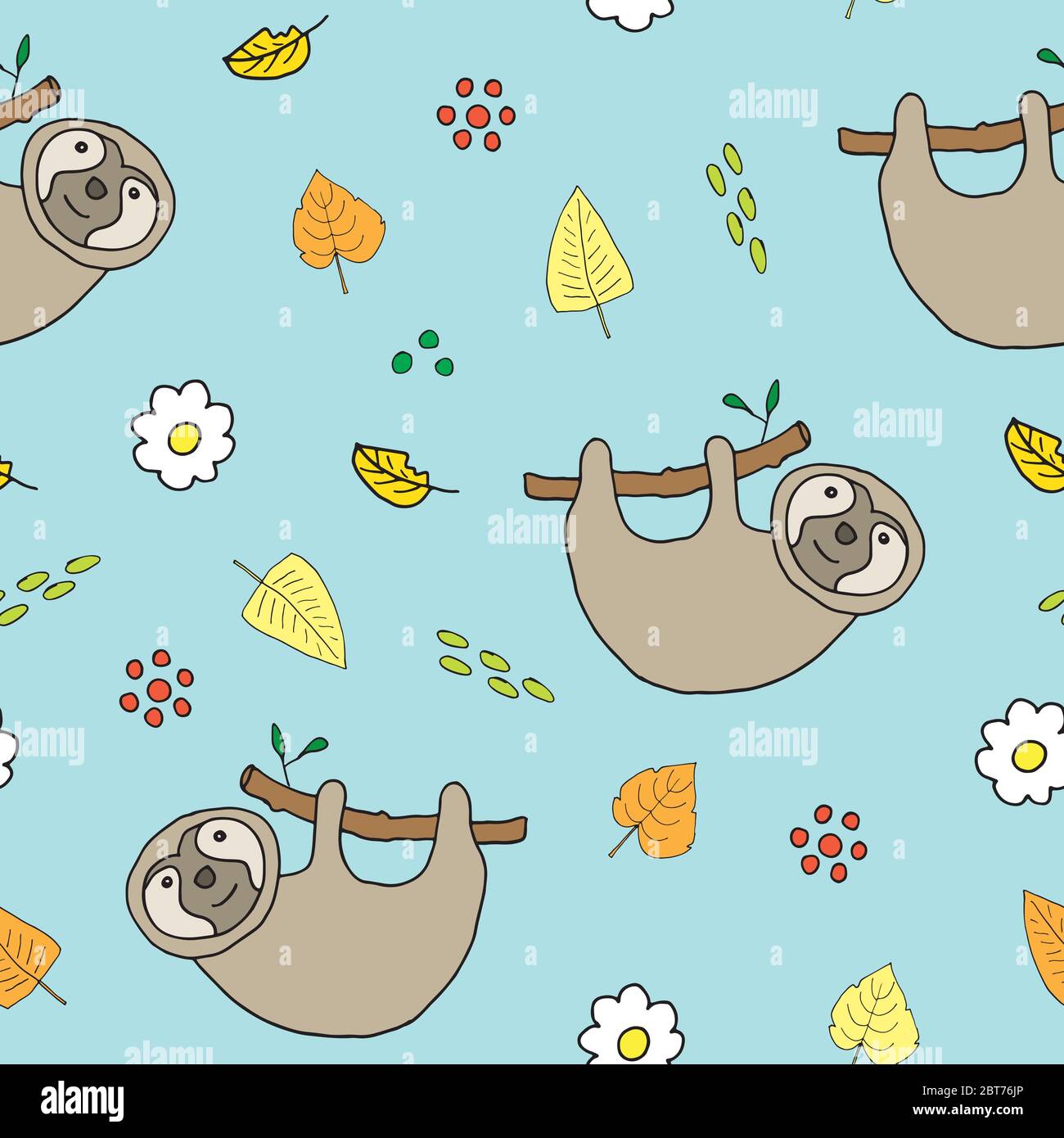 Cute Sloth Seamless Pattern, Cartoon Hand Drawn Animal Doodles Vector ...