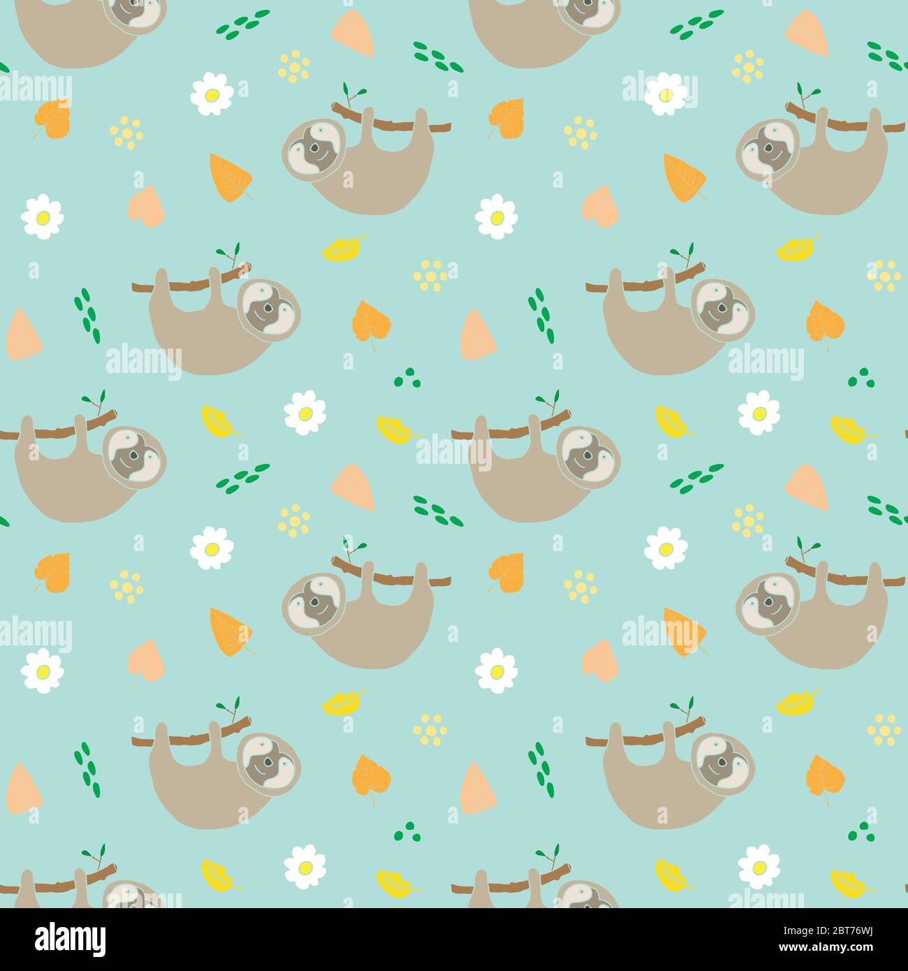 Cute Sloth Seamless Pattern, Cartoon Hand Drawn Animal Doodles Vector ...