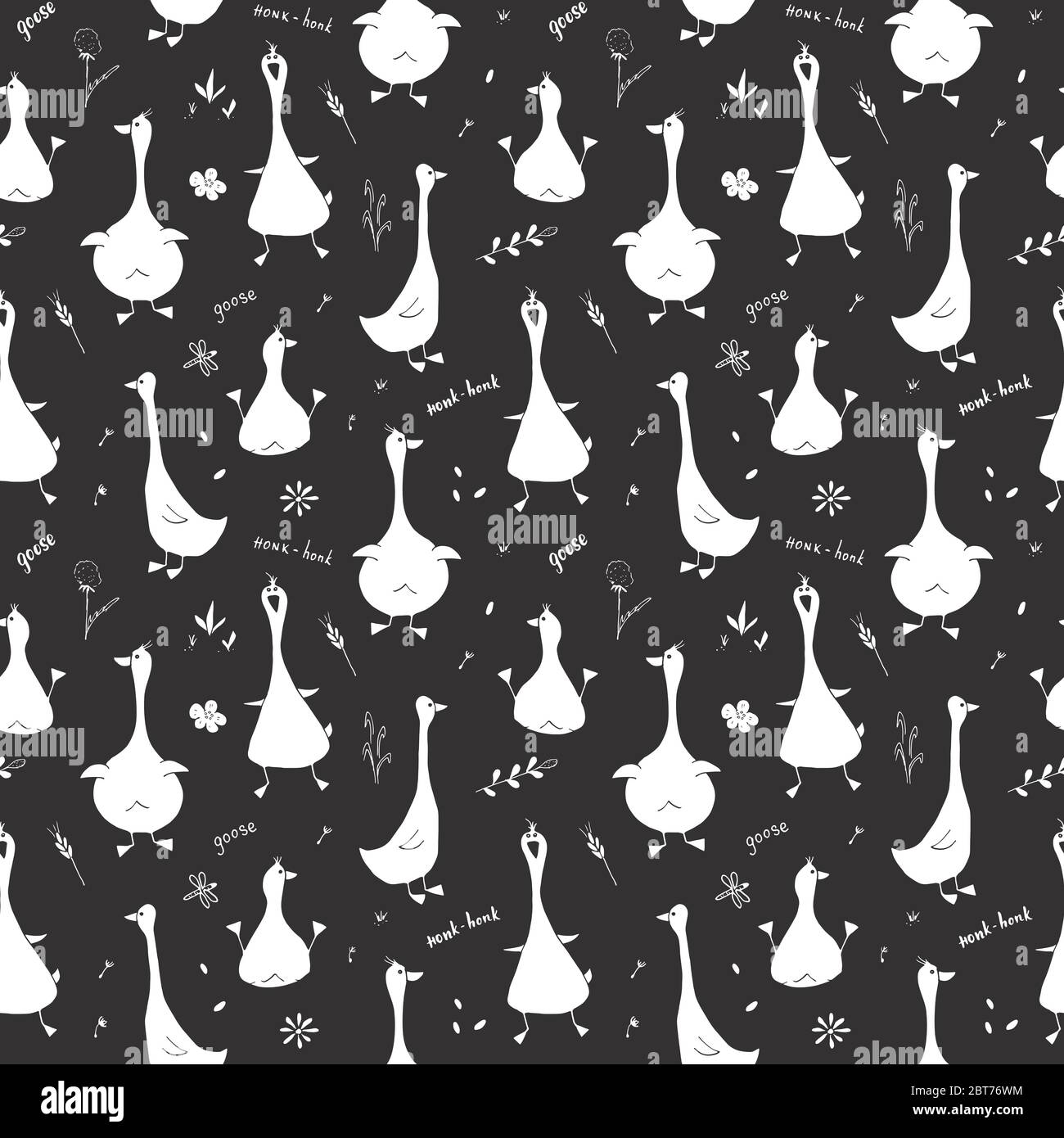 Cute Goose Seamless Pattern, Cartoon Hand Drawn Goose Doodles Vector ...