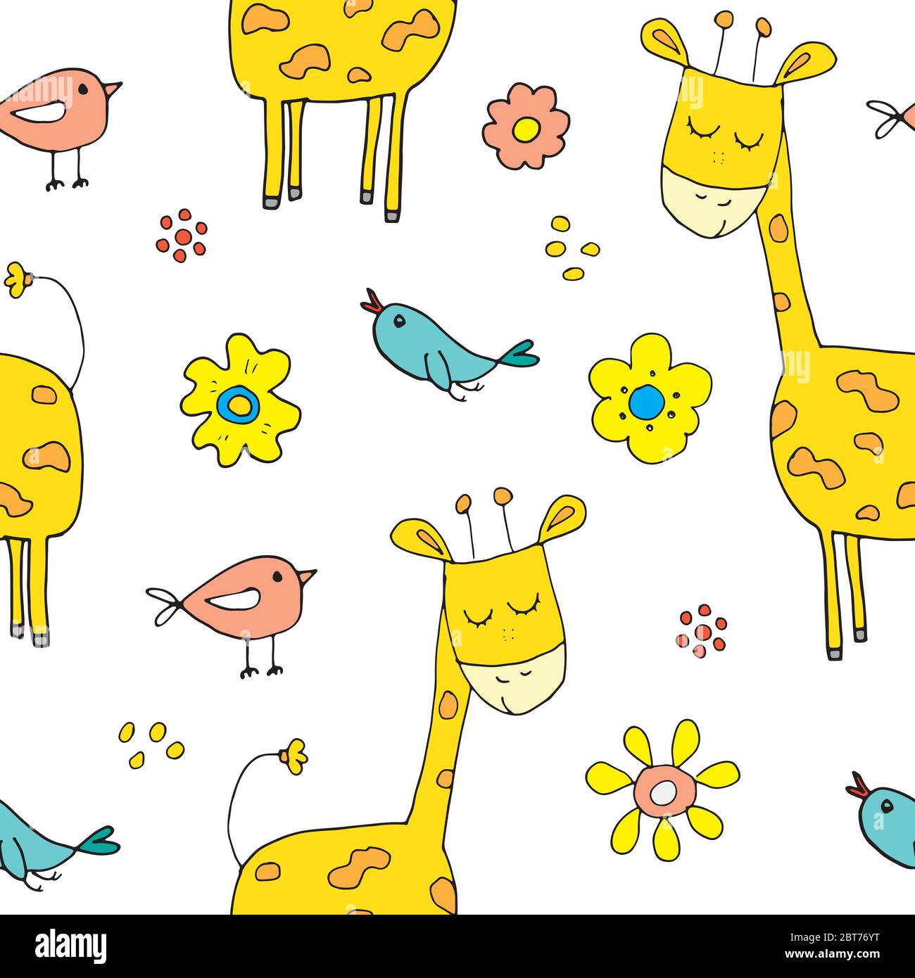 Cute Giraffe Seamless Pattern, Cartoon Hand Drawn Animal Doodles Vector ...