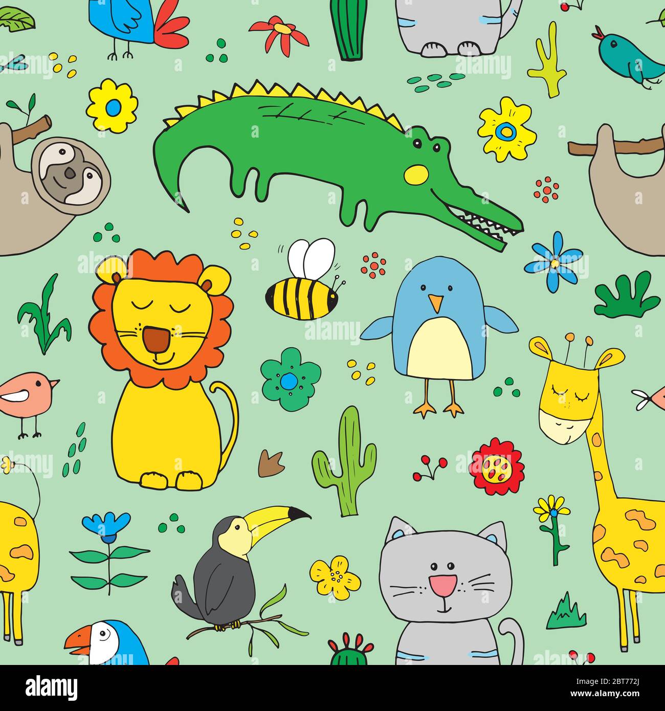 Cute Animals Seamless Pattern, Cartoon Hand Drawn Animal Doodles Vector ...