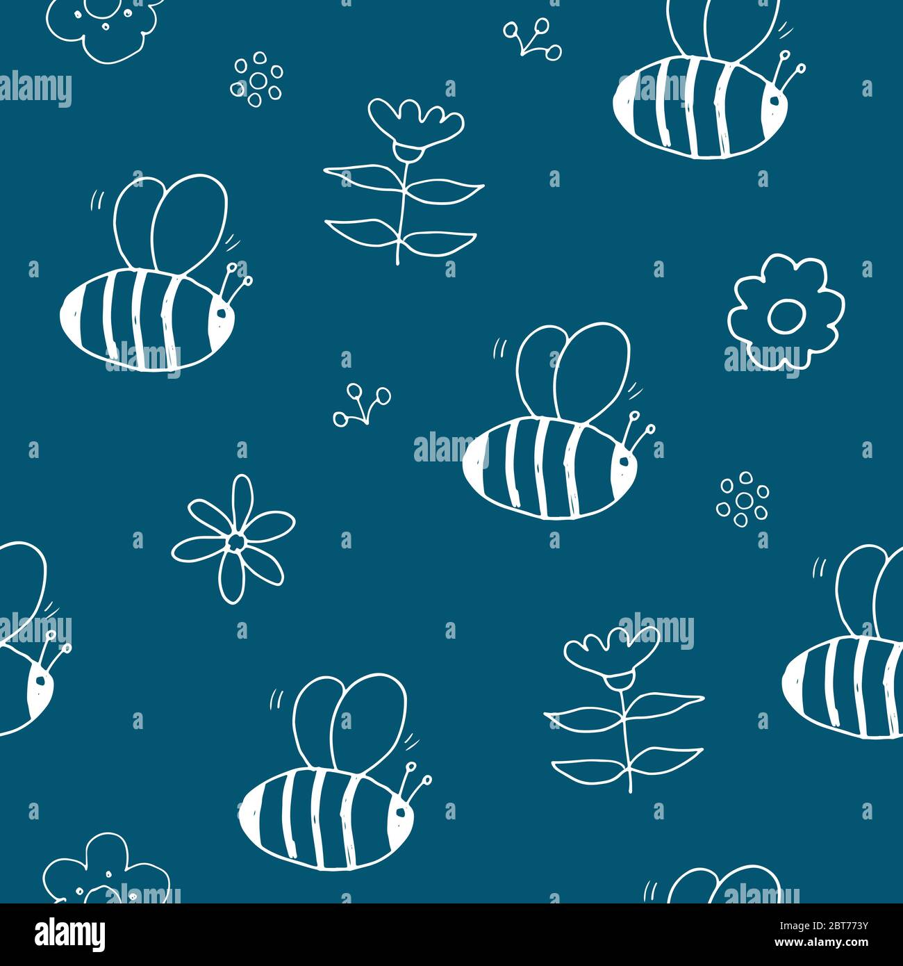 Cute Bee Seamless Pattern, Cartoon Hand Drawn honeybee Doodles Vector ...