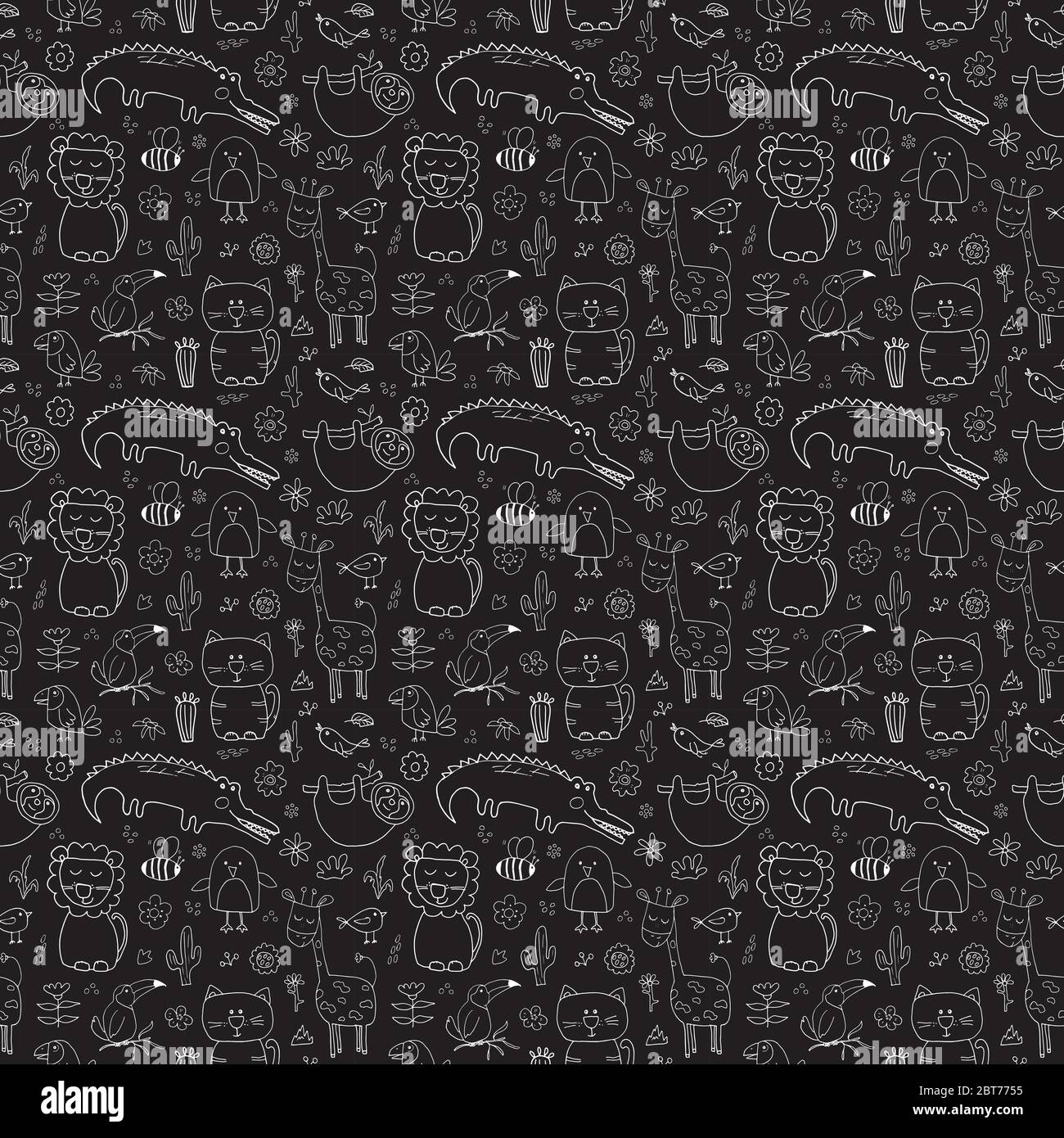 Cute Animals Seamless Pattern, Cartoon Hand Drawn Animal Doodles Vector ...