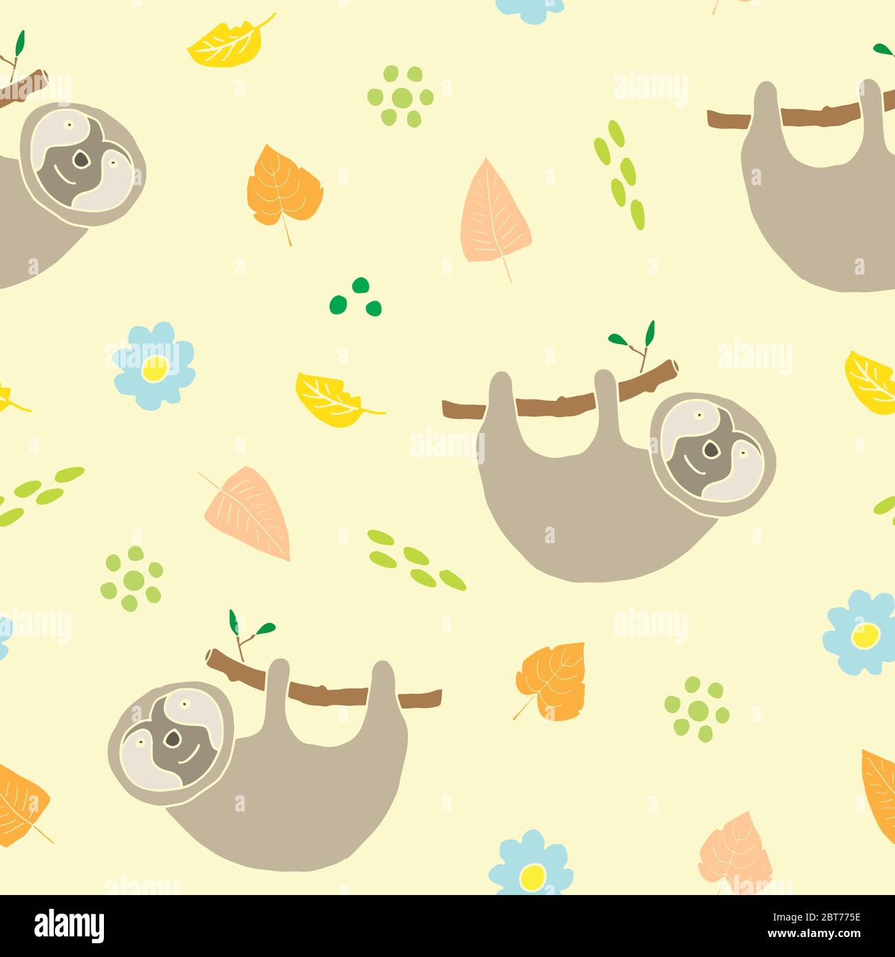 Cute Sloth Seamless Pattern, Cartoon Hand Drawn Animal Doodles Vector ...