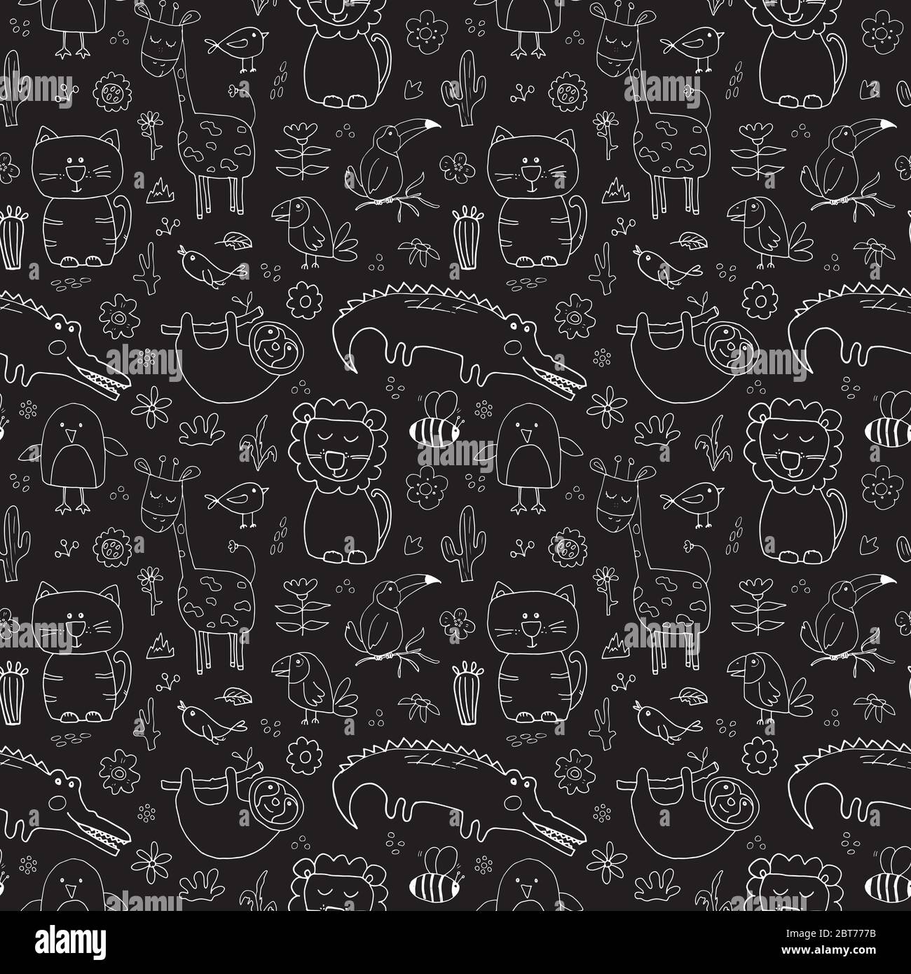 Cute Animals Seamless Pattern, Cartoon Hand Drawn Animal Doodles Vector ...