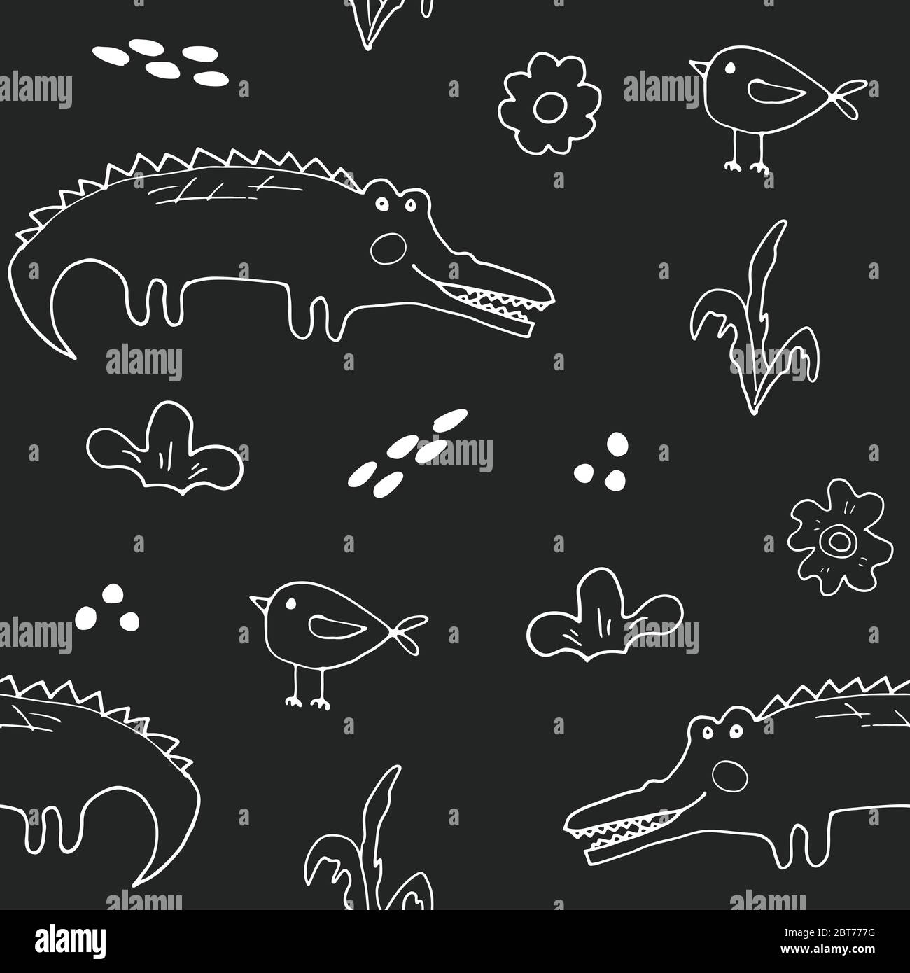 Cute Crocodile or Alligator with little bird Seamless Pattern, Cartoon Hand  Drawn Animal Doodles Vector Illustration background Stock Vector Image &  Art - Alamy