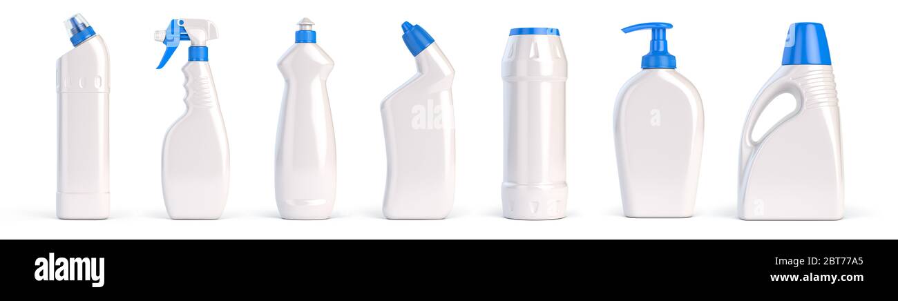 Set of detergent plastic bottles with chemical cleaning product ...