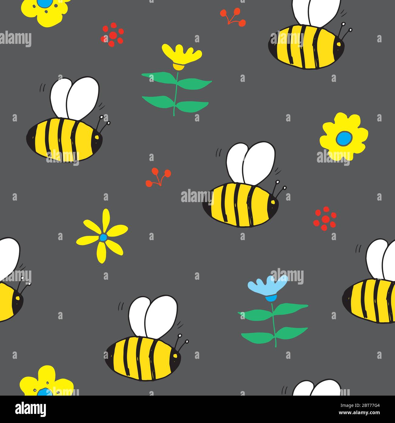Cute Bee Seamless Pattern, Cartoon Hand Drawn honeybee Doodles Vector ...