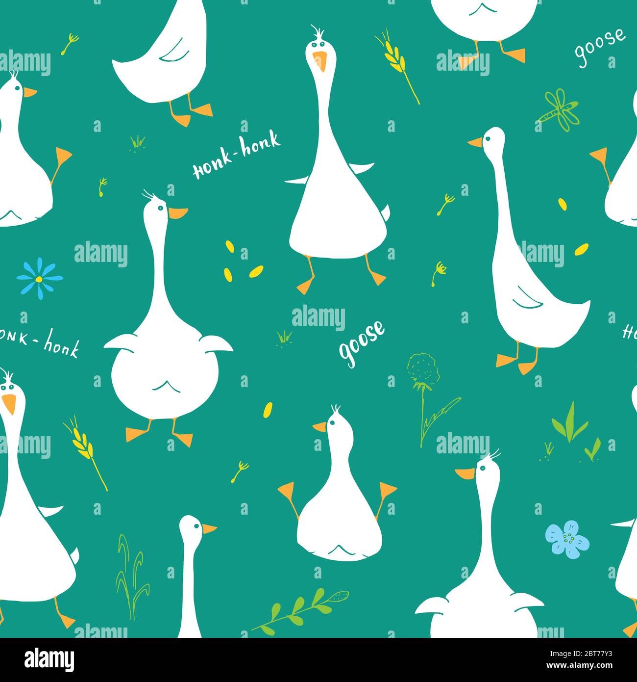 Cute Goose Seamless Pattern Cartoon Hand Drawn Goose Doodles Vector Background Illustration 