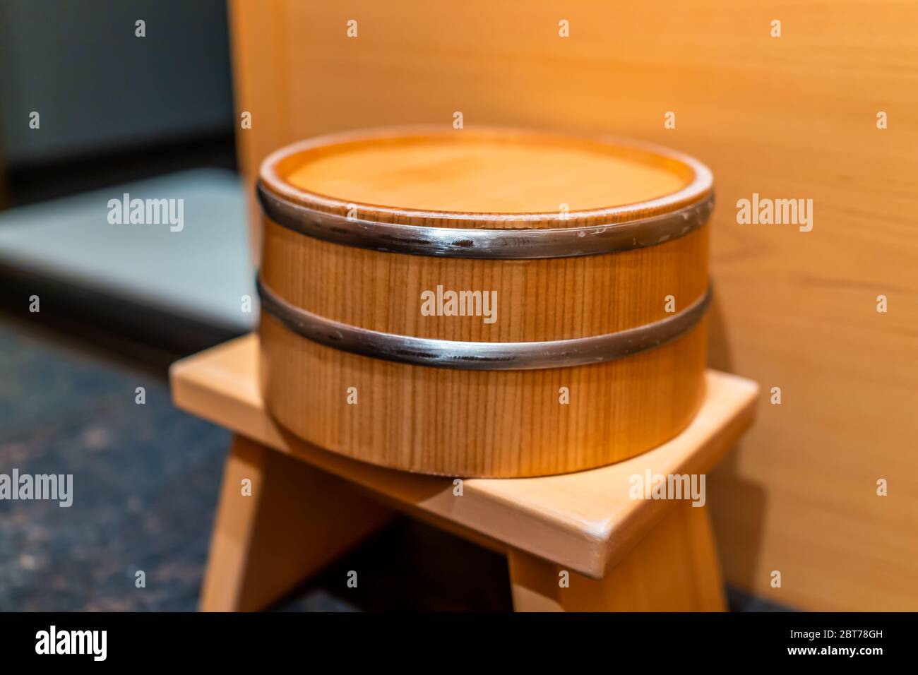 Cypress sauna bathtub wooden bucket traditional Japanese room with water stool in home house or onsen hotel bathroom interior with nobody in Japan Stock Photo