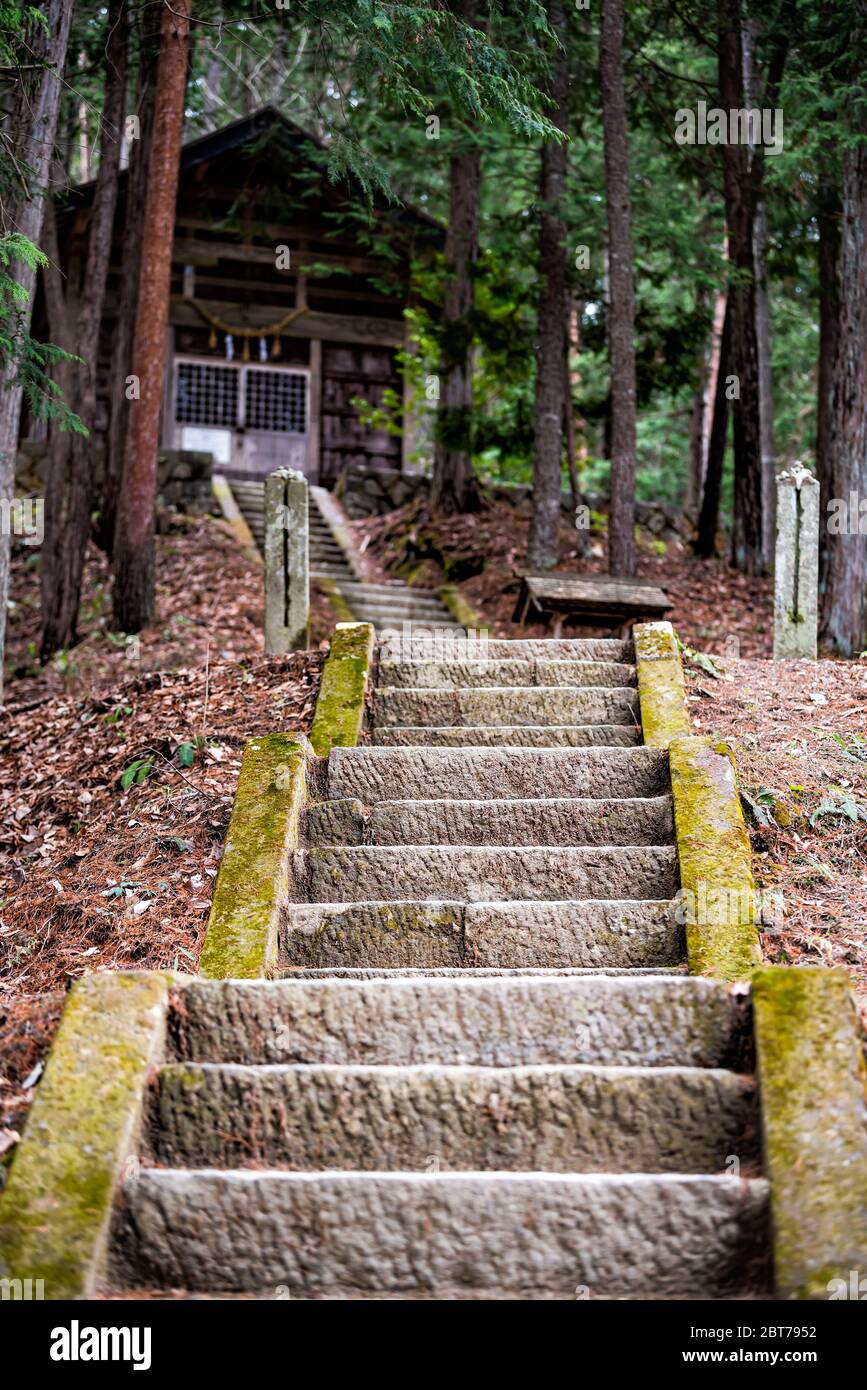 Takayama, Japan wooden temple shinto shrine point of view from steps stairs in Hida no Sato old folk village in Gifu prefecture Stock Photo