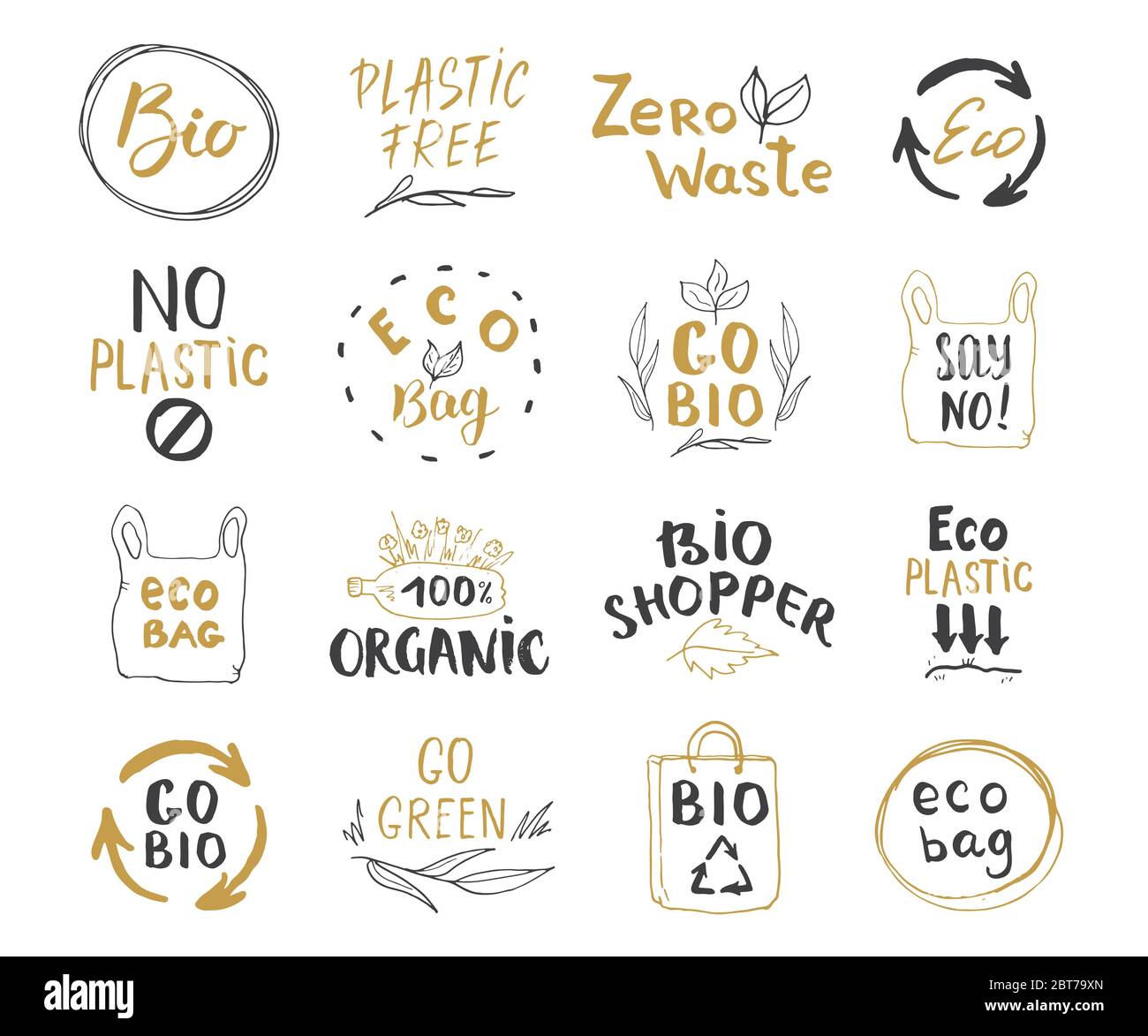 Eco and Bio Calligraphic Letterings Set. Lettering with eco friendly ...