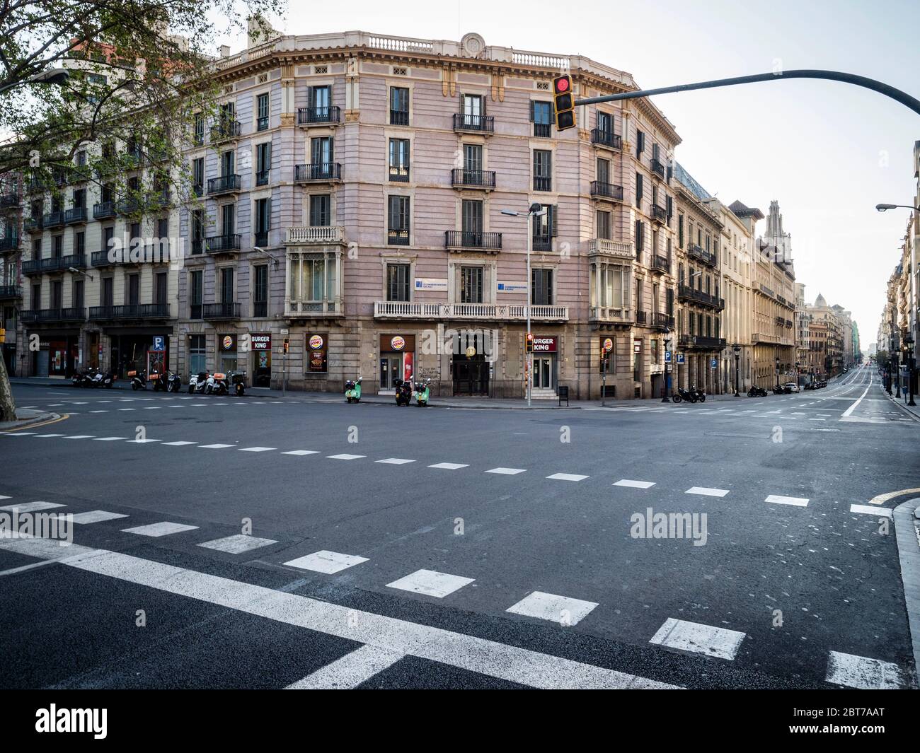 Urquinaona, Via Laietana, Streets of Barcelona empty and without people through confinement during the alarm state for coronavirus pandemic. Stock Photo