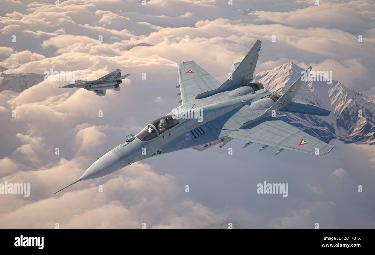 Military fighter aircraft Mig 29, flying above the clouds. Two airplanes. 3d illustration. Stock Photo