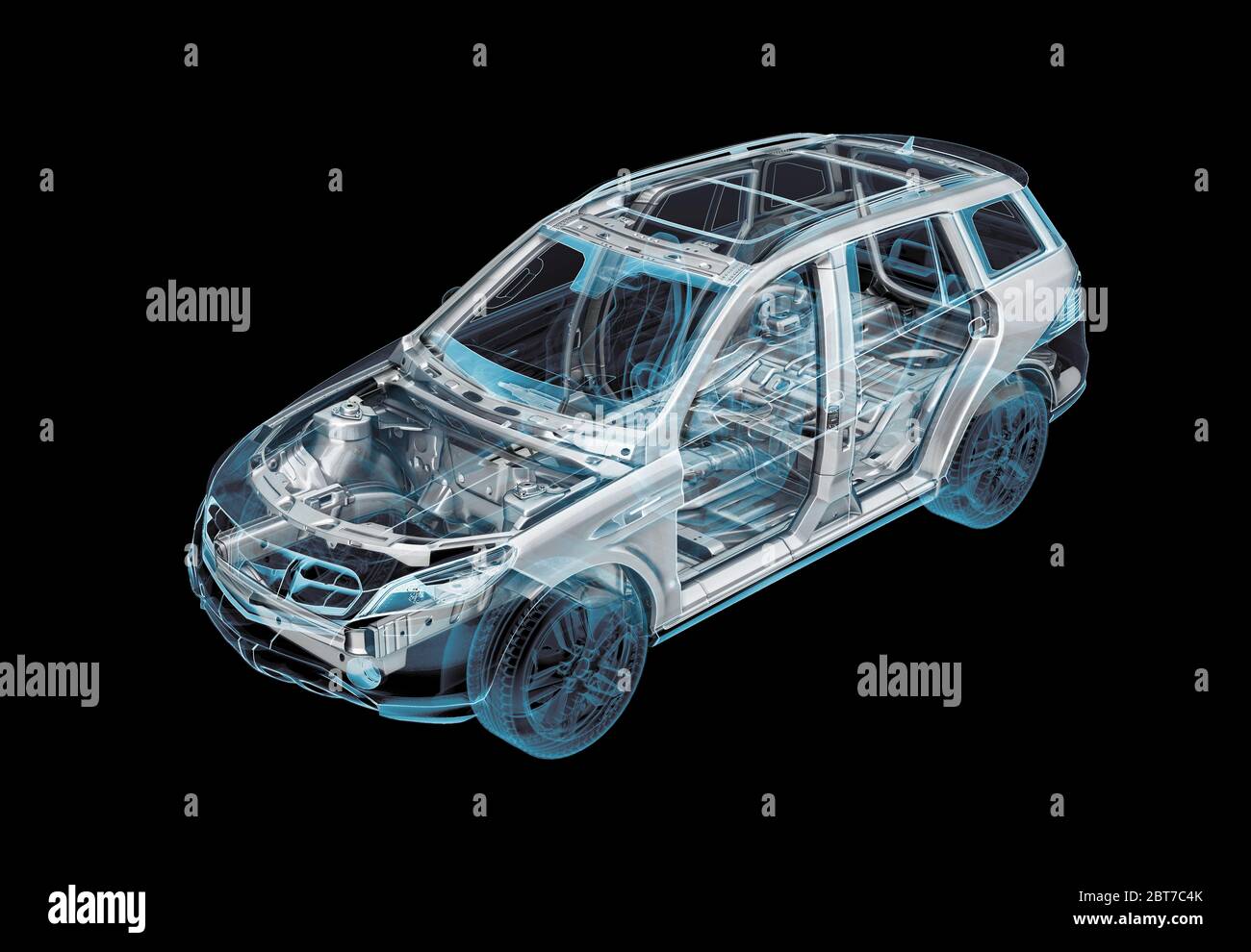 Technical 3d illustration of SUV car with x-ray effect and chassis system. Perspective view on black background. Stock Photo