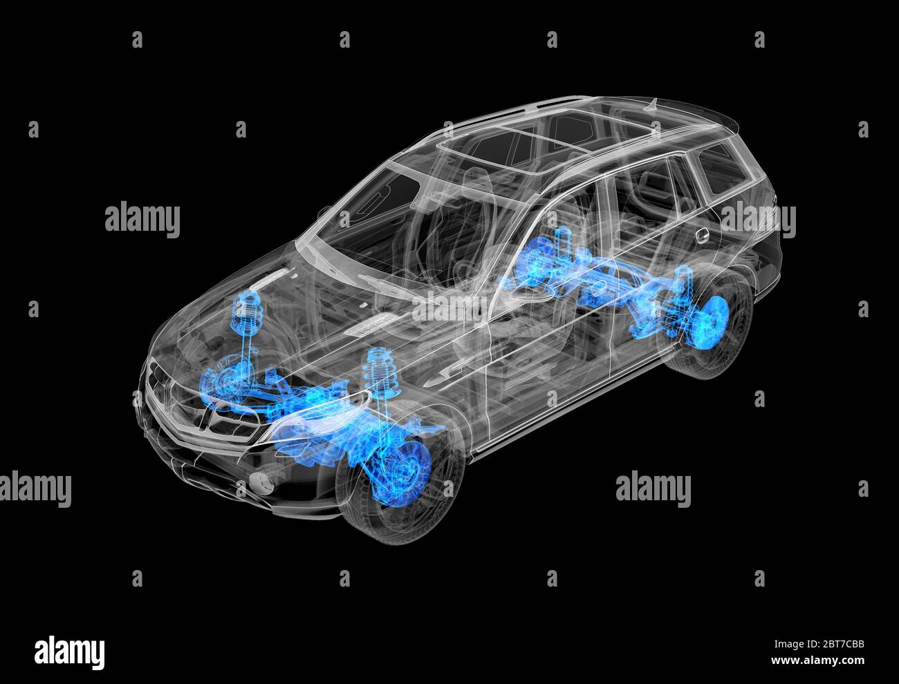 Technical 3d illustration of SUV car with x-ray effect. Brakes and suspension systems. Perspective view on black background. Stock Photo