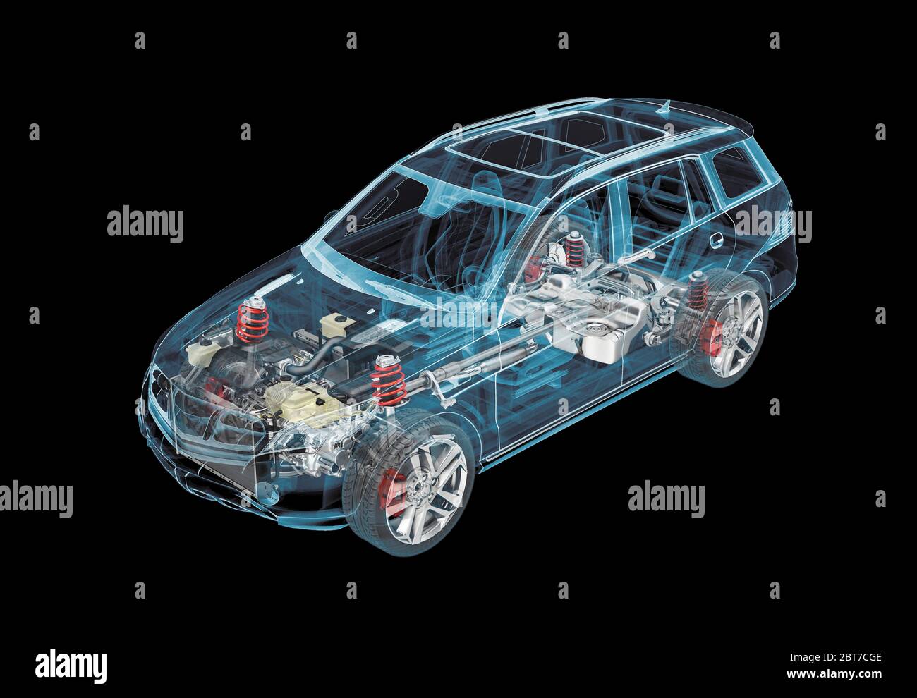 Technical 3d illustration of SUV car with x-ray effect and powertrain system. Perspective view on black background. Stock Photo