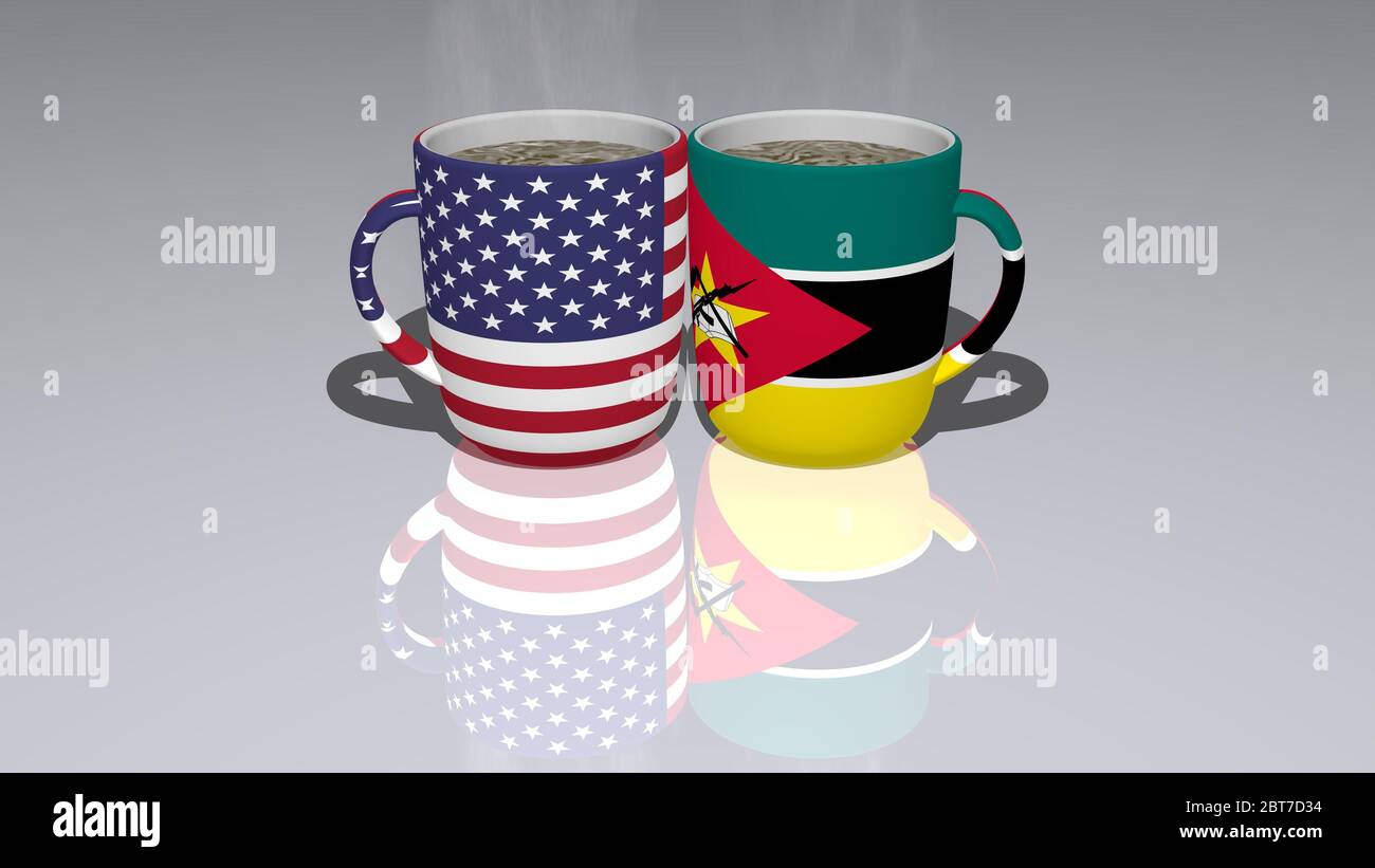 United States Of America And Mozambique placed on a cup of hot coffee in a 3D illustration with realistic perspective and Stock Photo