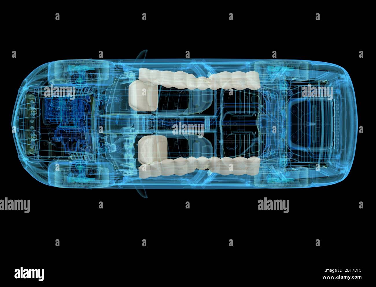 Technical 3d illustration of SUV car with xray effect and airbags system. Top view on black background. Stock Photo