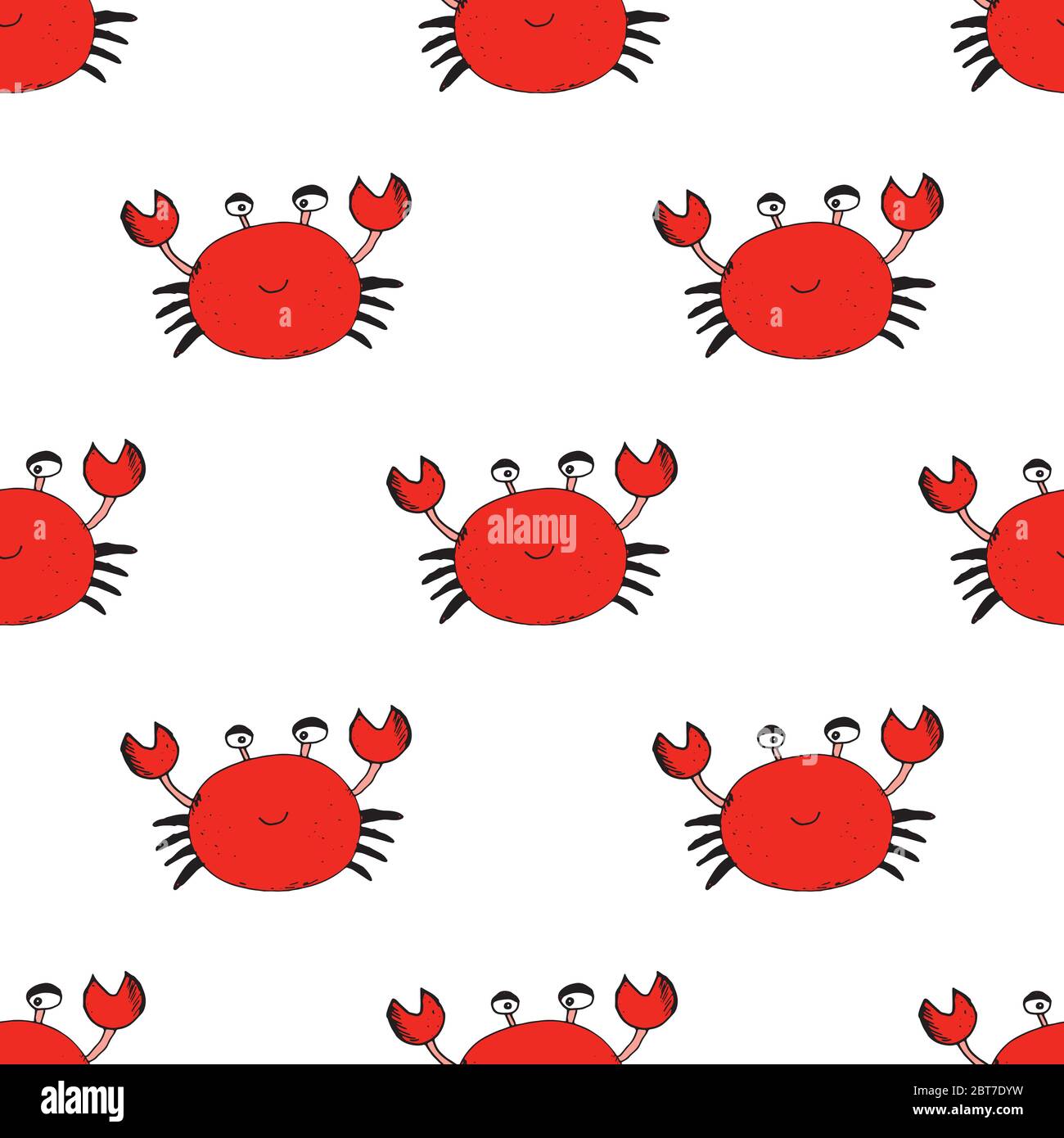Cute Crab Seamless Pattern, Cartoon Hand Drawn Animal Doodles Vector ...