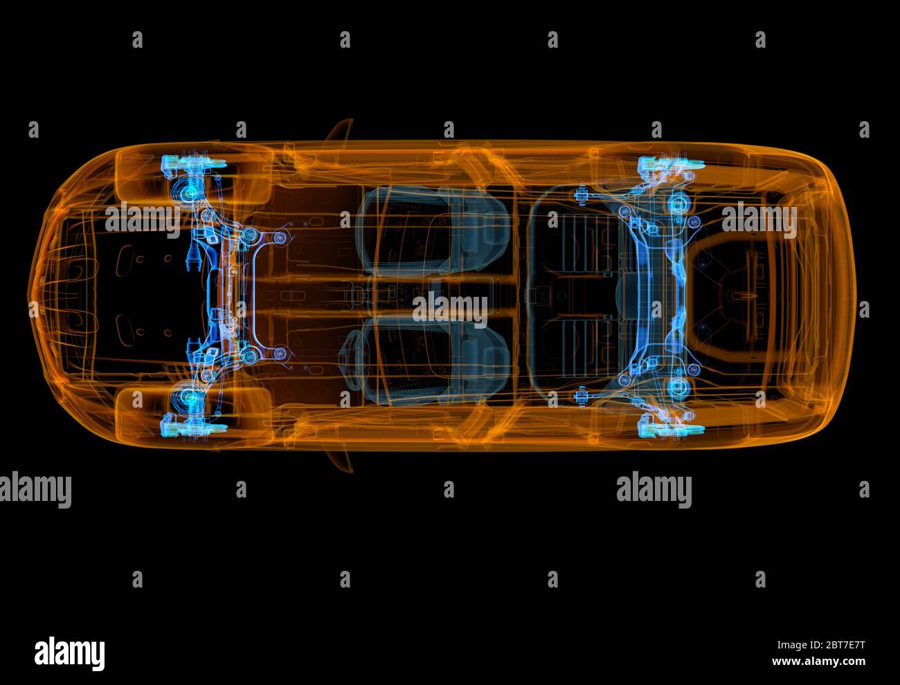 Technical 3d illustration of SUV car with x-ray effect. Brakes and suspension systems. Top view on black background. Stock Photo