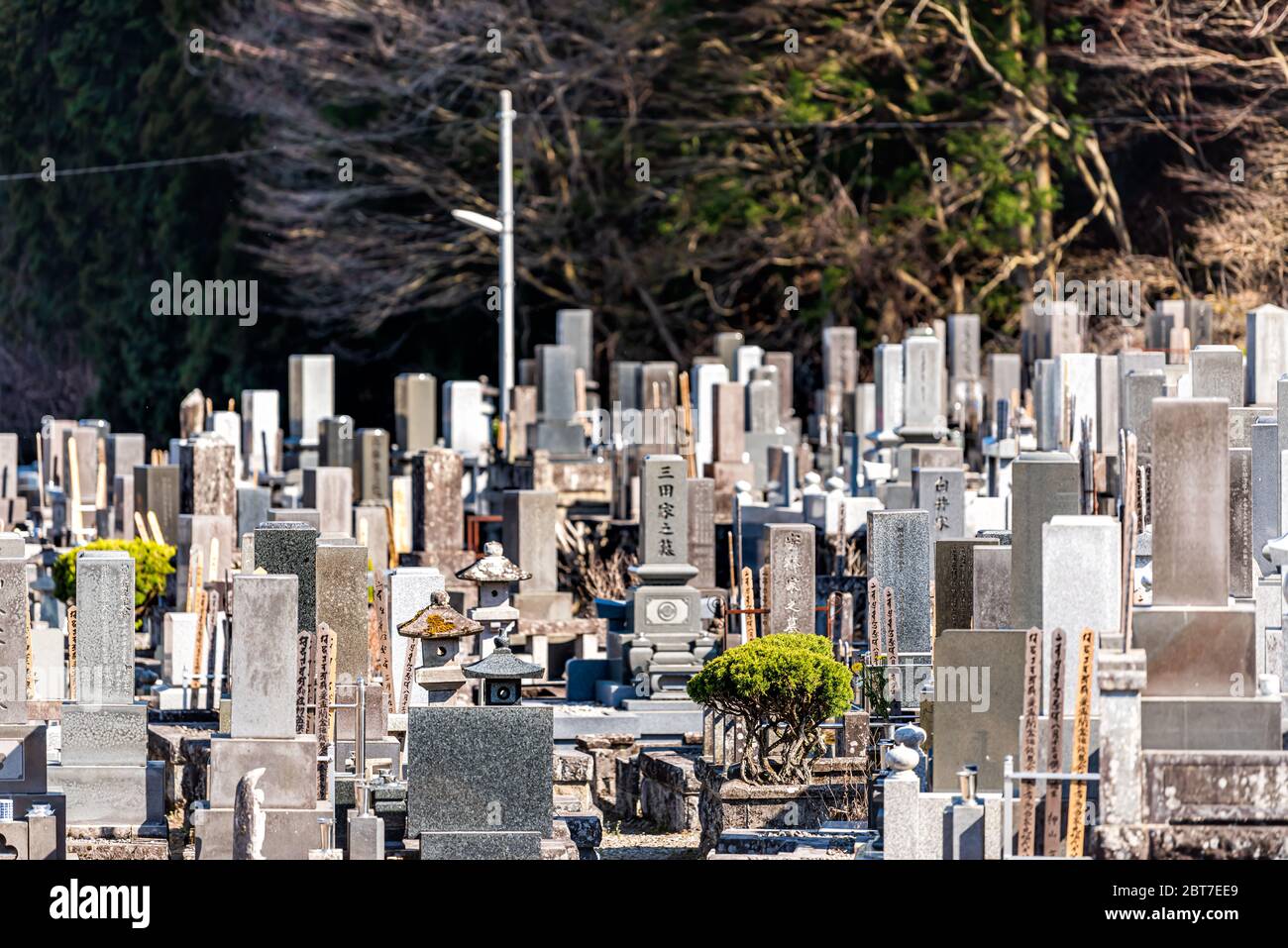 Nikko, Japan - April 5, 2019: Tochigi prefecture town city with cemetery and many stone graves in graveyard tombstones during day Stock Photo