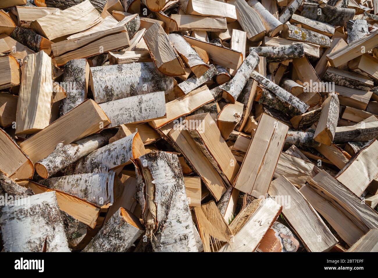 Large pile of chopped birch firewood. Stock of firewood for the winter Stock Photo