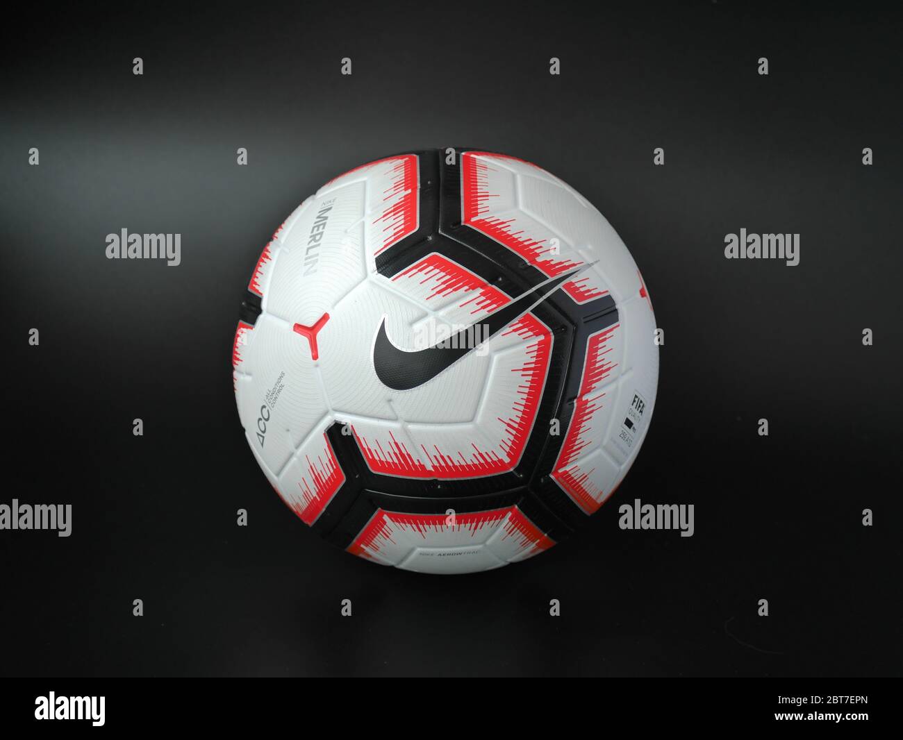 Kyiv, Ukraine - May 2020. Soccer ball on black background, Nike football. Stock Photo