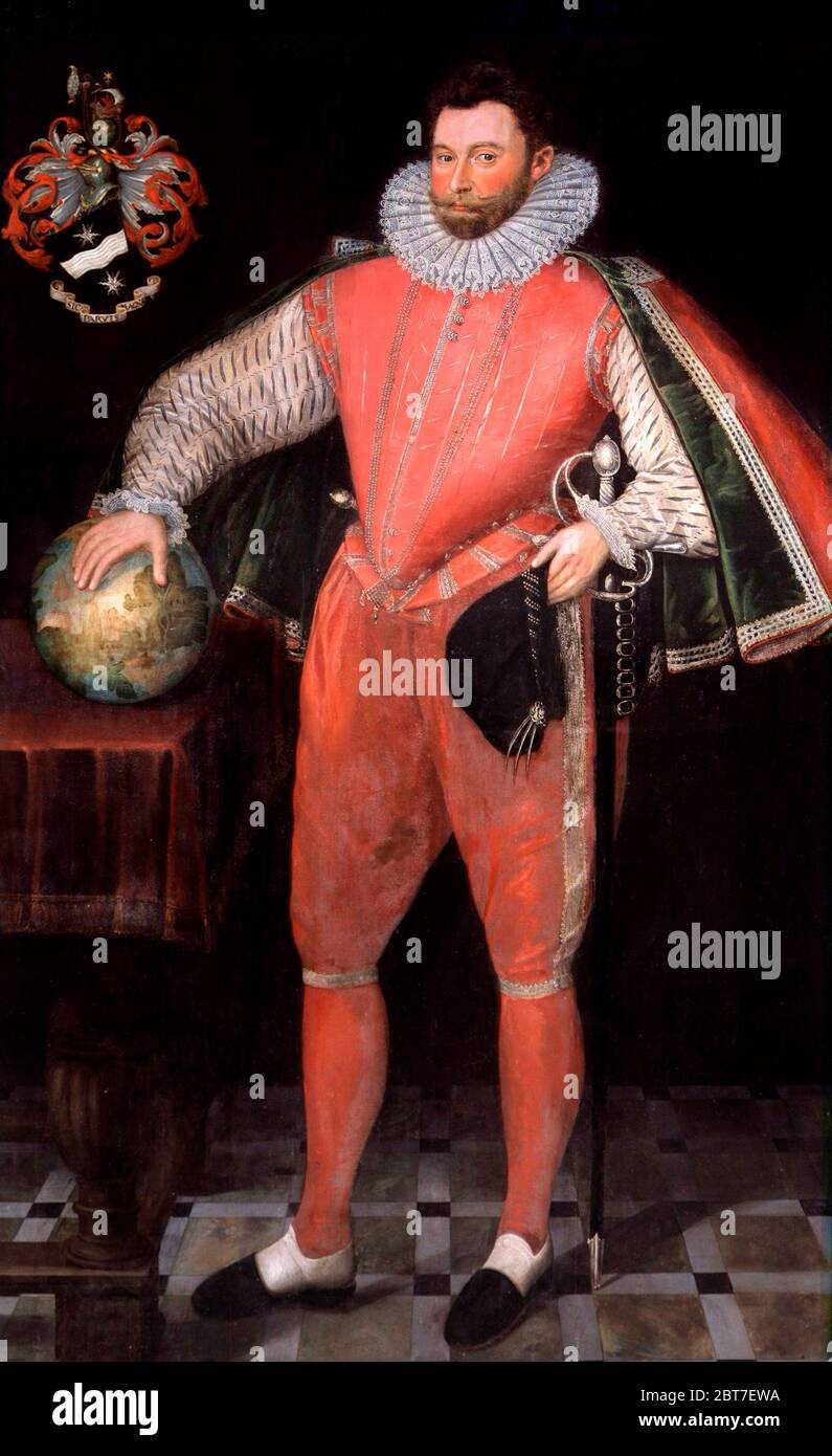 Francis Drake. Portrait of Sir Francis Drake (1540-1596), oil on panel by unknown artist c.1581 Stock Photo