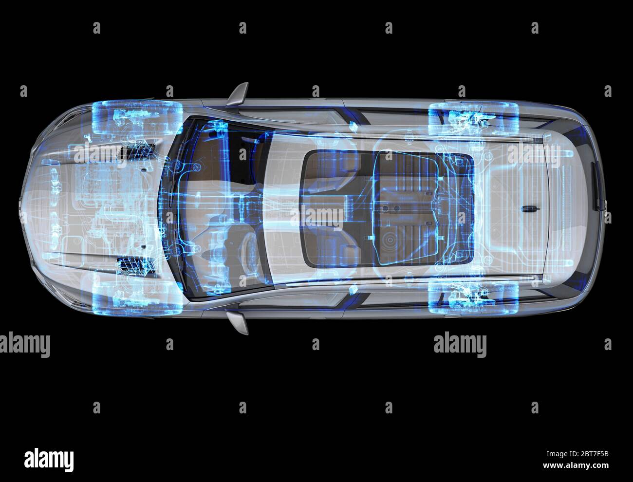 Technical 3d illustration of SUV car with x-ray effect. Top view on black background. Stock Photo