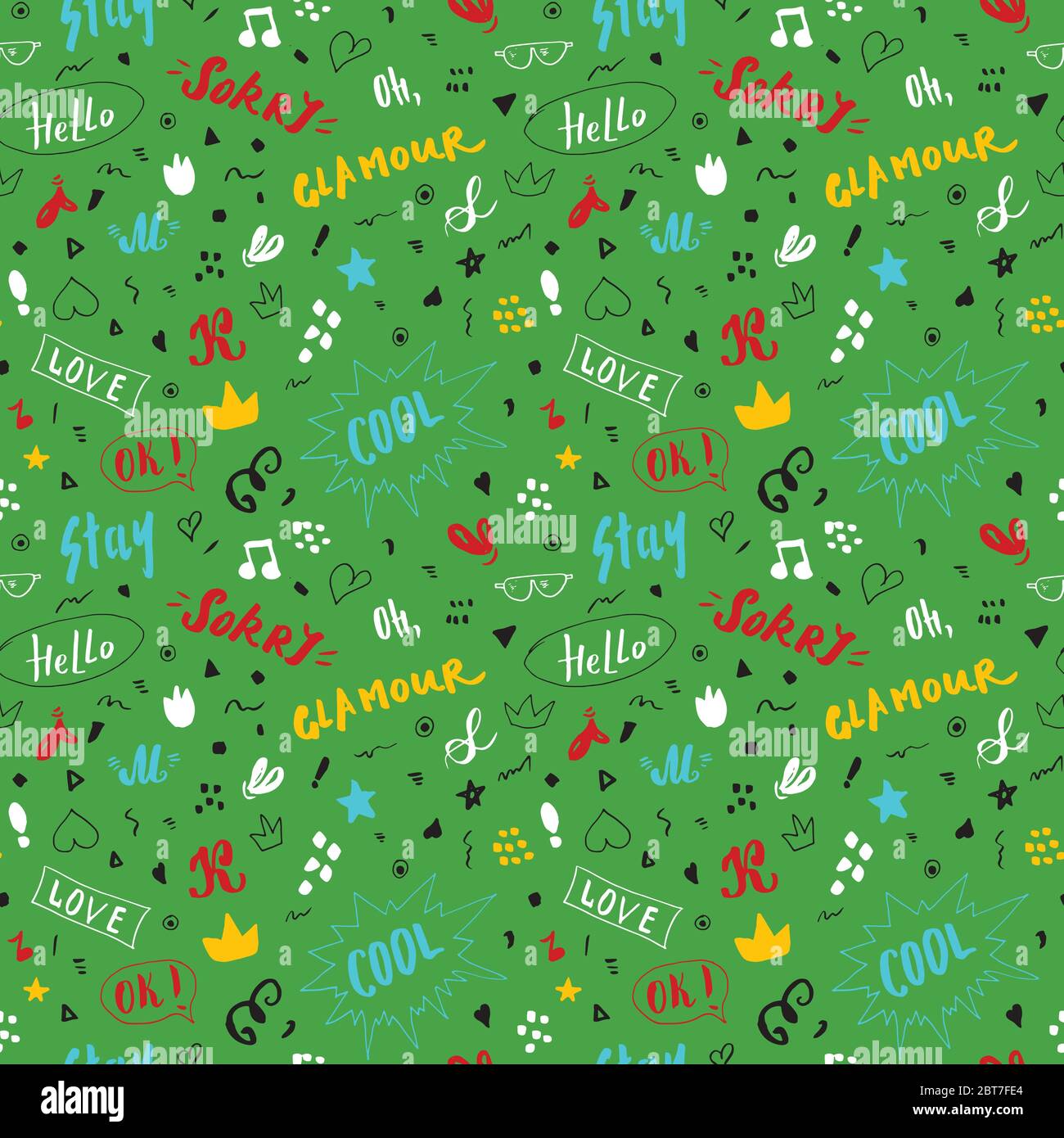 Doodle Seamless Pattern, hand drawn pop art signs and symbols