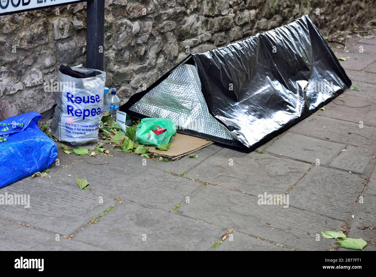 Temporary homeless shelter on street in Bristol, England. Provided by charity Stock Photo